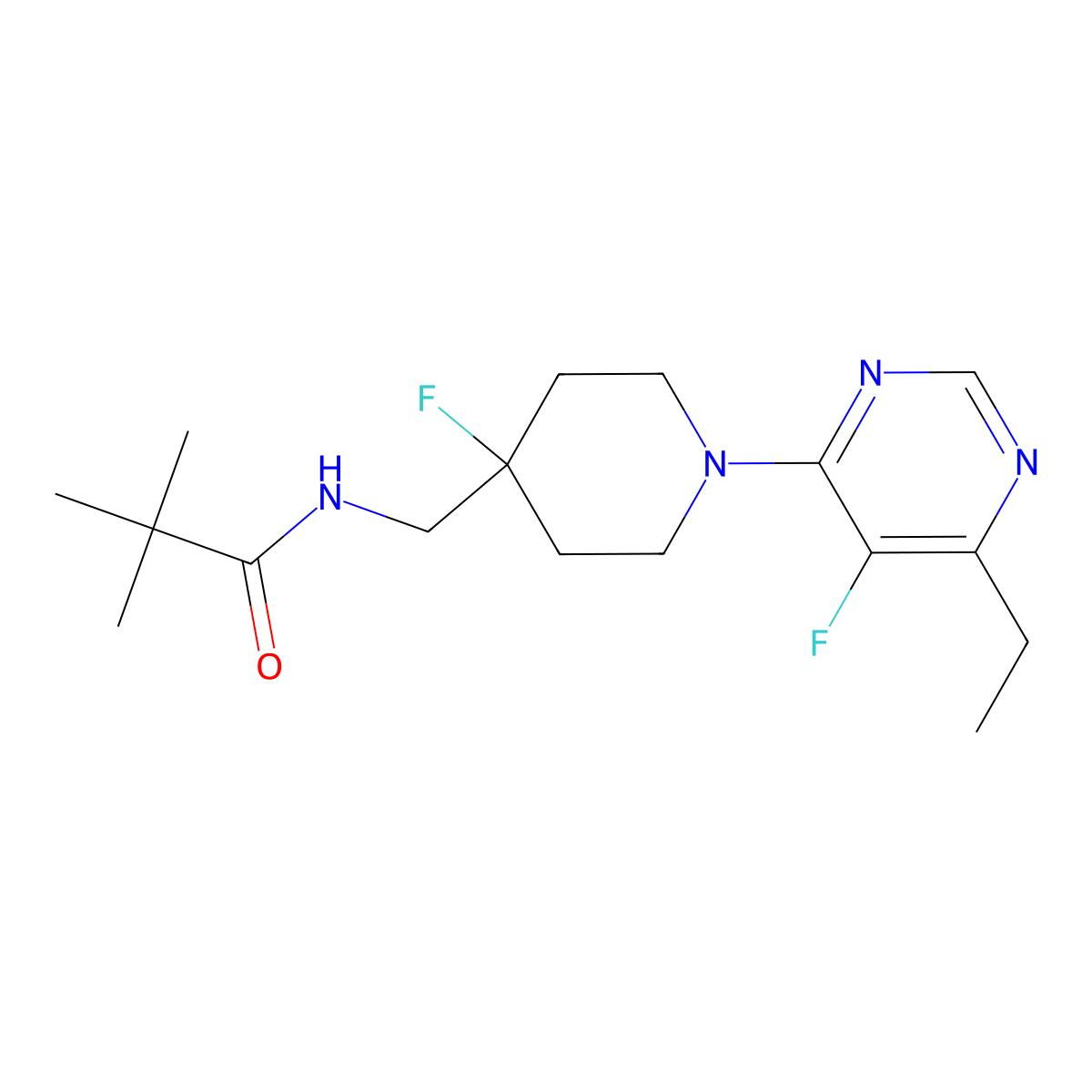 N-{[1-(6-ethyl-5-fluoropyrimidin-4-yl)-4-fluoropiperidin-4-yl]methyl}-2,2-dimethylpropanamide molecular structure, CAS 2770597-82-3