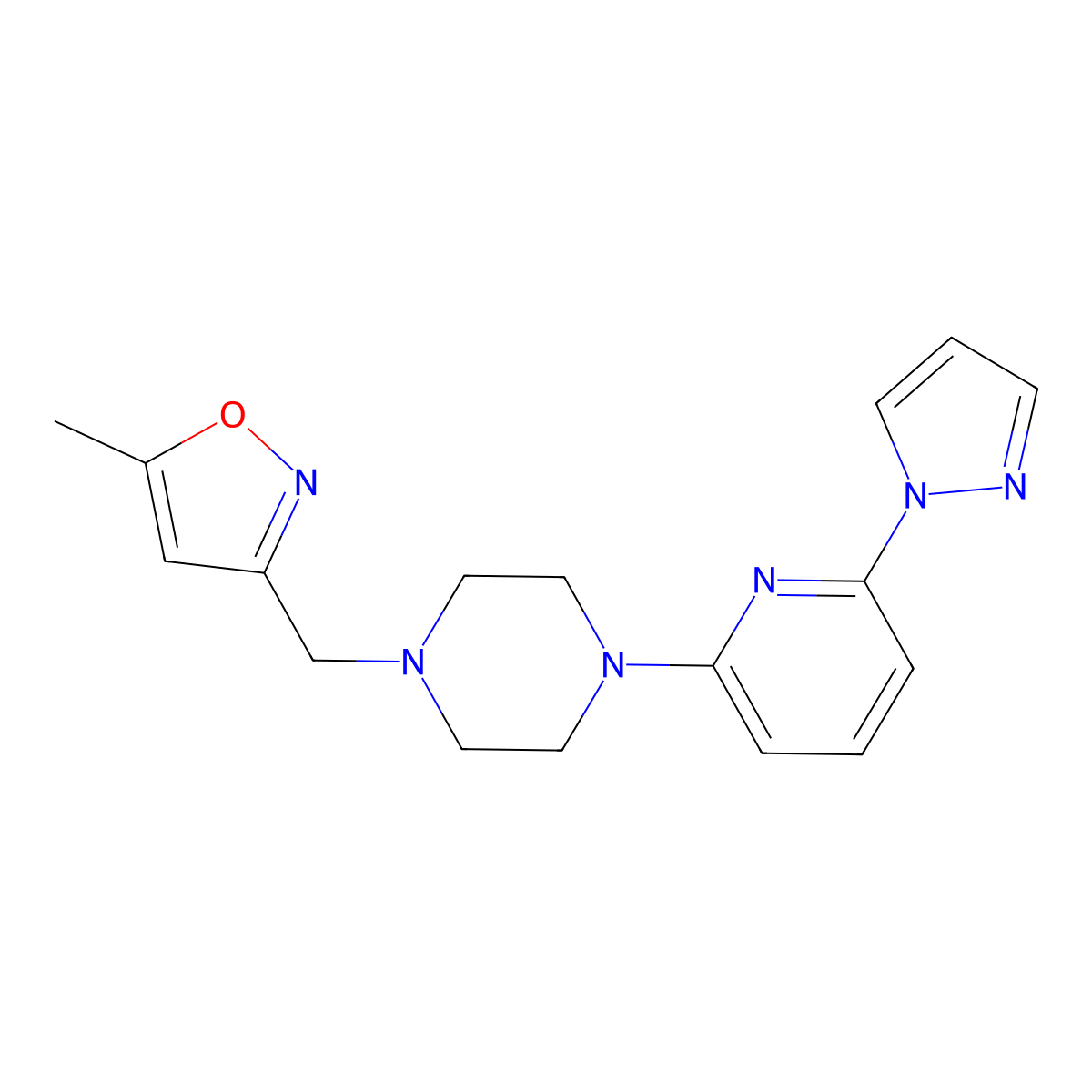 1-[(5-methyl-1,2-oxazol-3-yl)methyl]-4-[6-(1H-pyrazol-1-yl)pyridin-2-yl]piperazine molecular structure, CAS 2770597-87-8