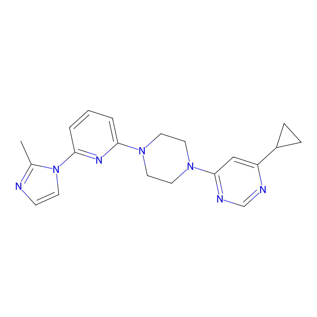 4-cyclopropyl-6-{4-[6-(2-methyl-1H-imidazol-1-yl)pyridin-2-yl]piperazin-1-yl}pyrimidine molecular structure, CAS 2770597-94-7