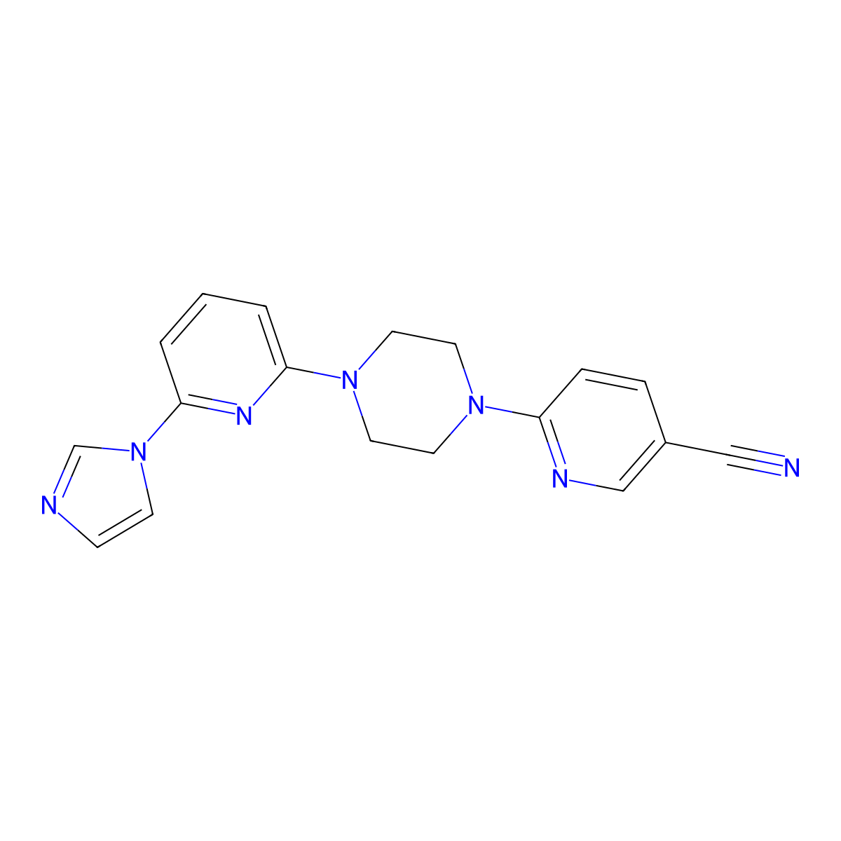 6-{4-[6-(1H-imidazol-1-yl)pyridin-2-yl]piperazin-1-yl}pyridine-3-carbonitrile molecular structure, CAS 2770597-95-8