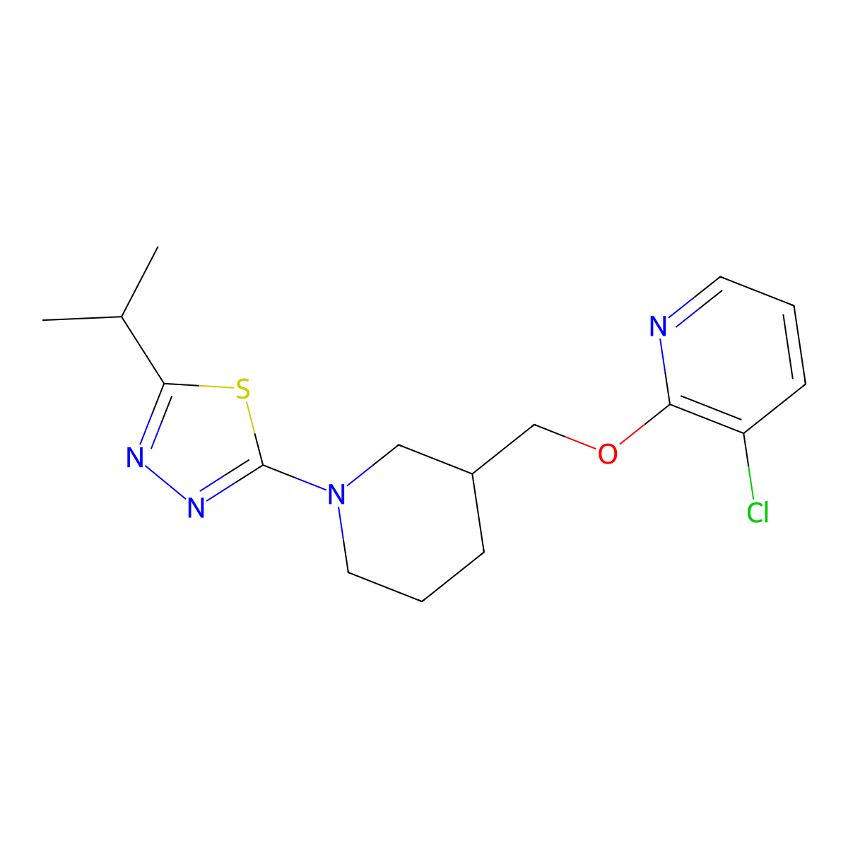 3-Chloro-2-({1-[5-(propan-2-yl)-1,3,4-thiadiazol-2-yl]piperidin-3-yl}methoxy)pyridine molecular structure, CAS 2770598-01-9