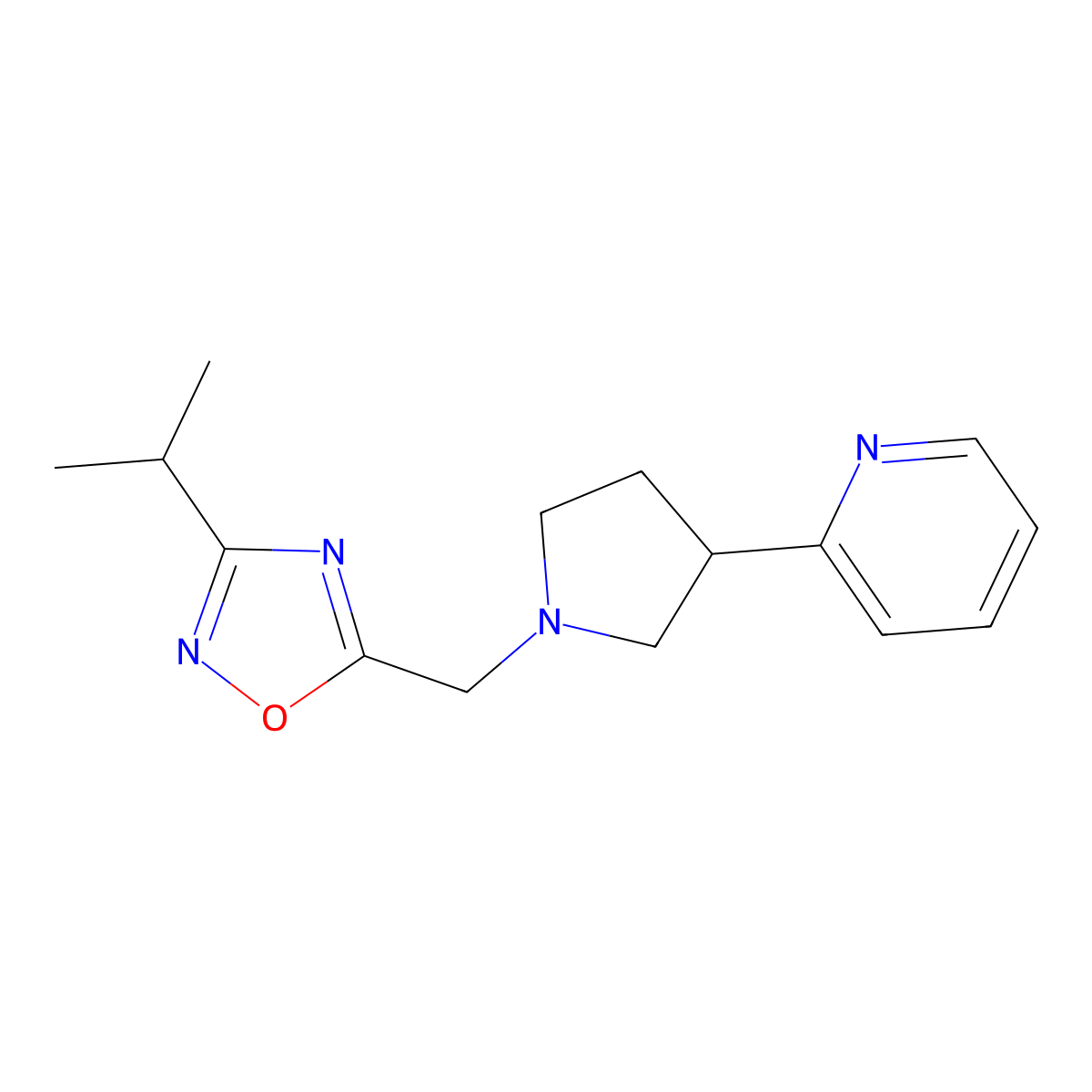 2-(1-{[3-(Propan-2-yl)-1,2,4-oxadiazol-5-yl]methyl}pyrrolidin-3-yl)pyridine molecular structure, CAS 2770598-09-7