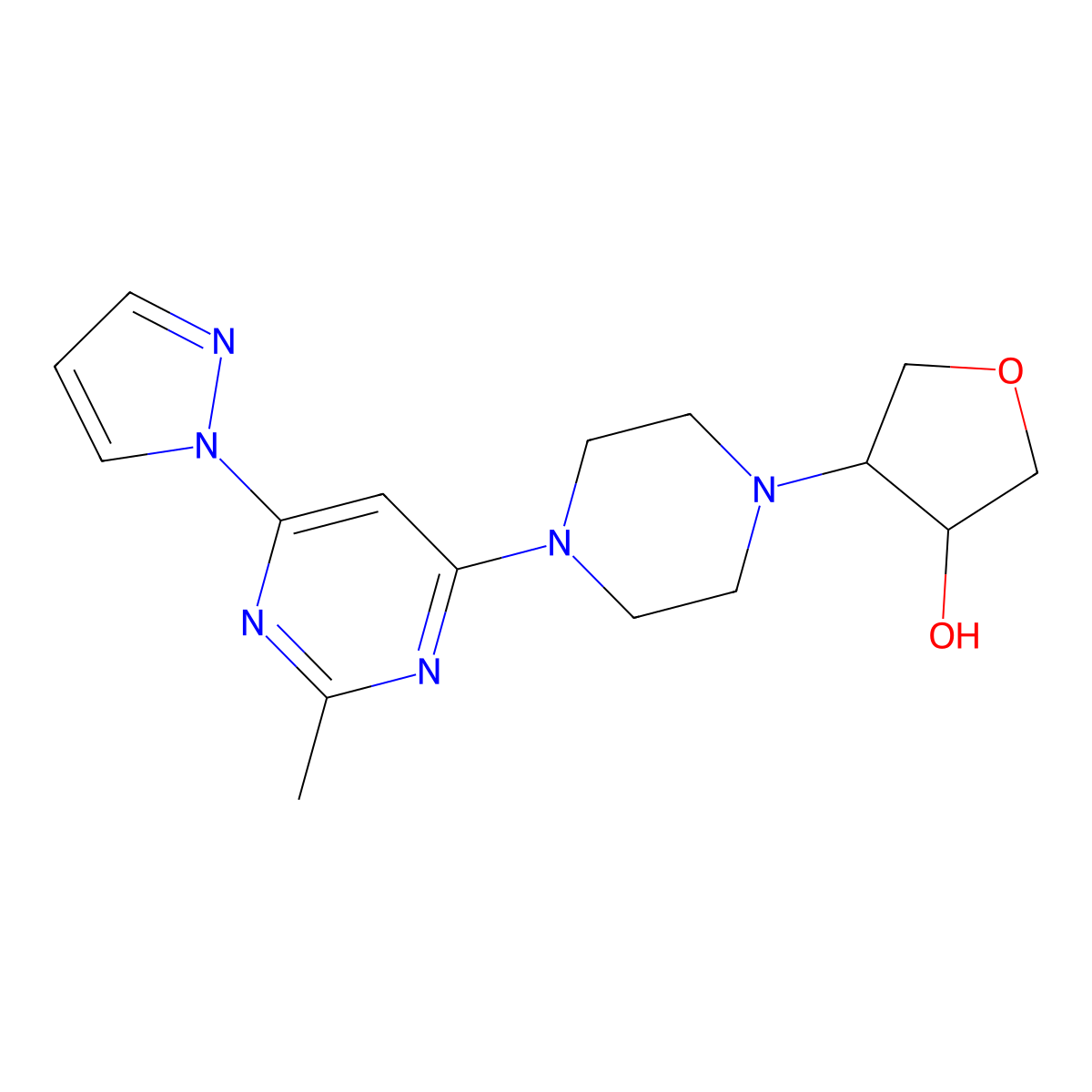 4-{4-[2-methyl-6-(1H-pyrazol-1-yl)pyrimidin-4-yl]piperazin-1-yl}oxolan-3-ol molecular structure, CAS 2770598-10-0