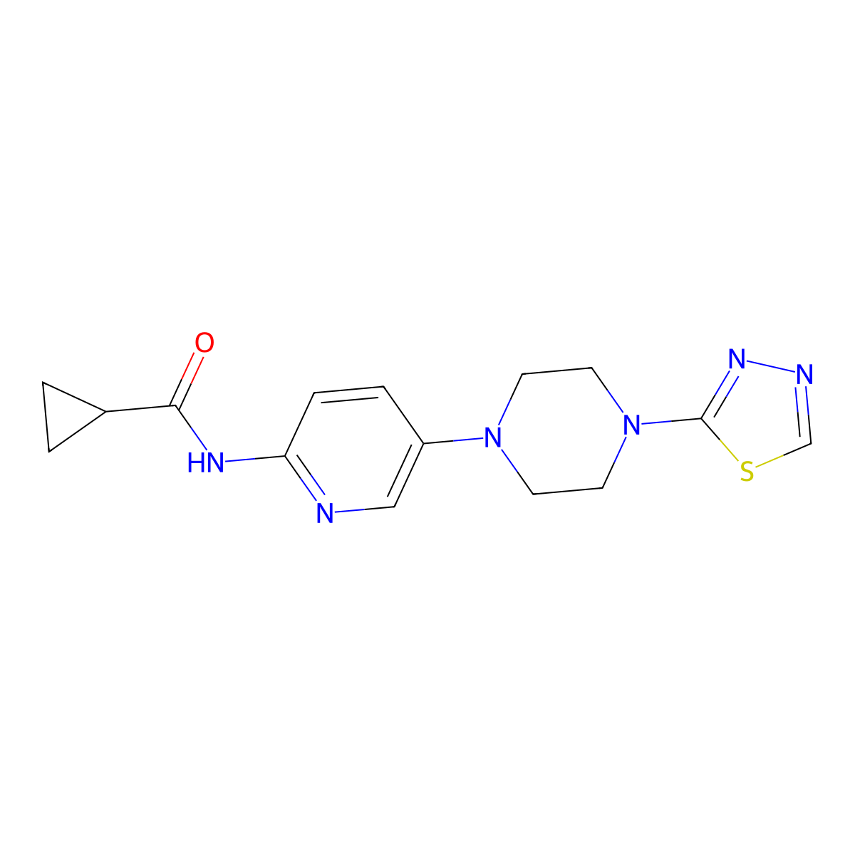 N-{5-[4-(1,3,4-thiadiazol-2-yl)piperazin-1-yl]pyridin-2-yl}cyclopropanecarboxamide molecular structure, CAS 2770598-20-2