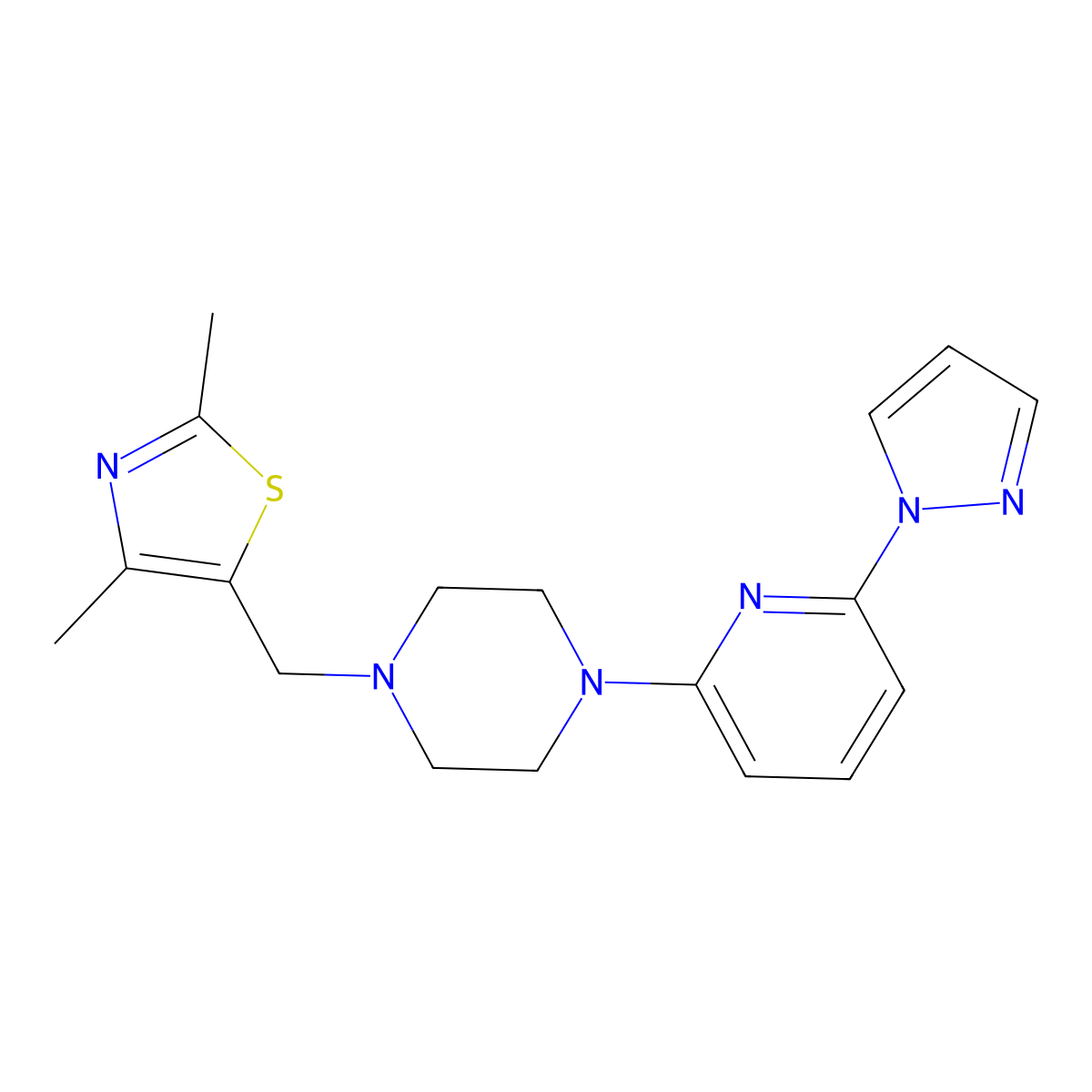 1-[(2,4-dimethyl-1,3-thiazol-5-yl)methyl]-4-[6-(1H-pyrazol-1-yl)pyridin-2-yl]piperazine molecular structure, CAS 2770598-23-5