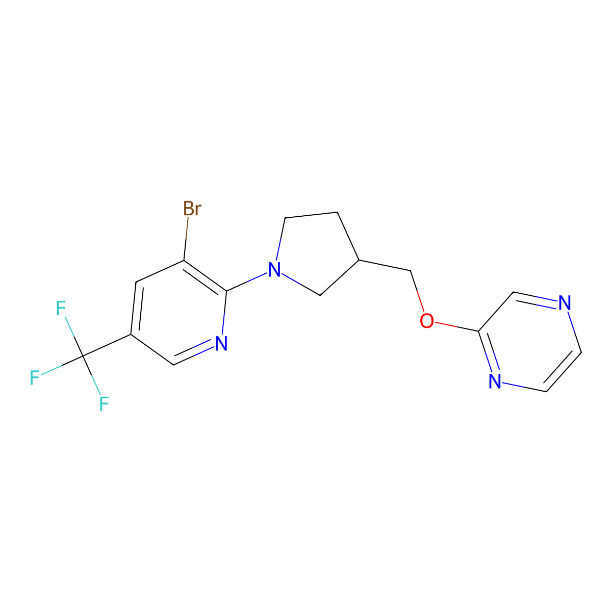 2-({1-[3-Bromo-5-(trifluoromethyl)pyridin-2-yl]pyrrolidin-3-yl}methoxy)pyrazine molecular structure, CAS 2770598-25-7