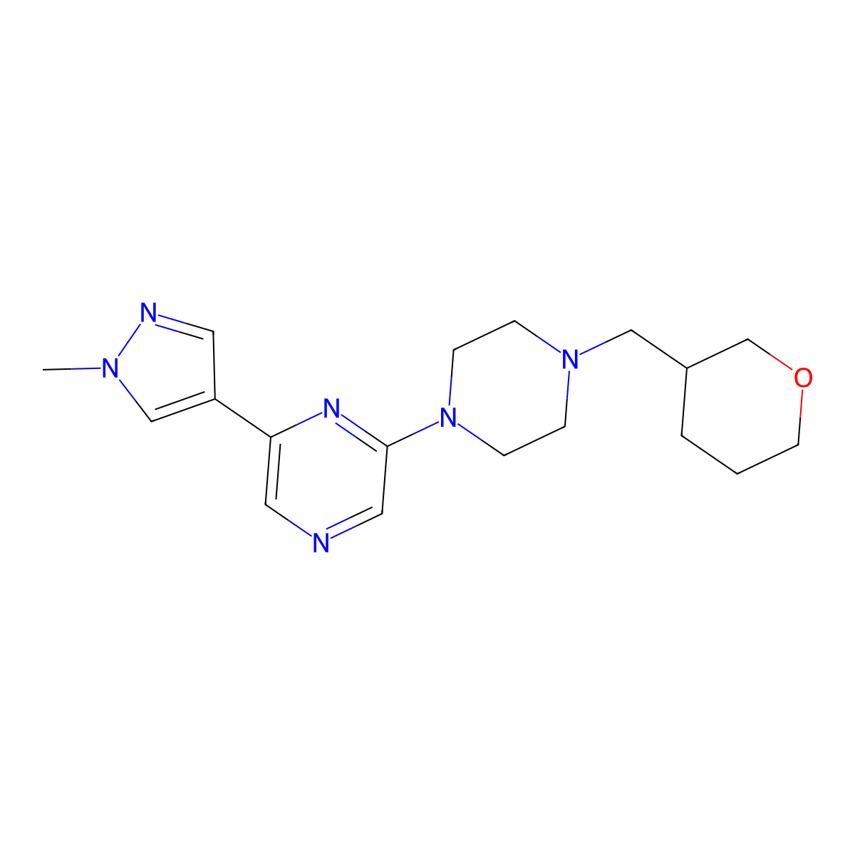 2-(1-methyl-1H-pyrazol-4-yl)-6-{4-[(oxan-3-yl)methyl]piperazin-1-yl}pyrazine molecular structure, CAS 2770598-40-6