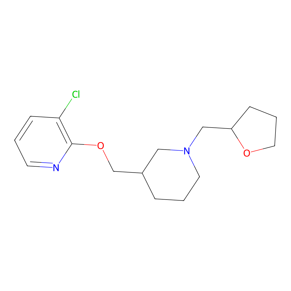 3-Chloro-2-({1-[(oxolan-2-yl)methyl]piperidin-3-yl}methoxy)pyridine molecular structure, CAS 2770598-41-7