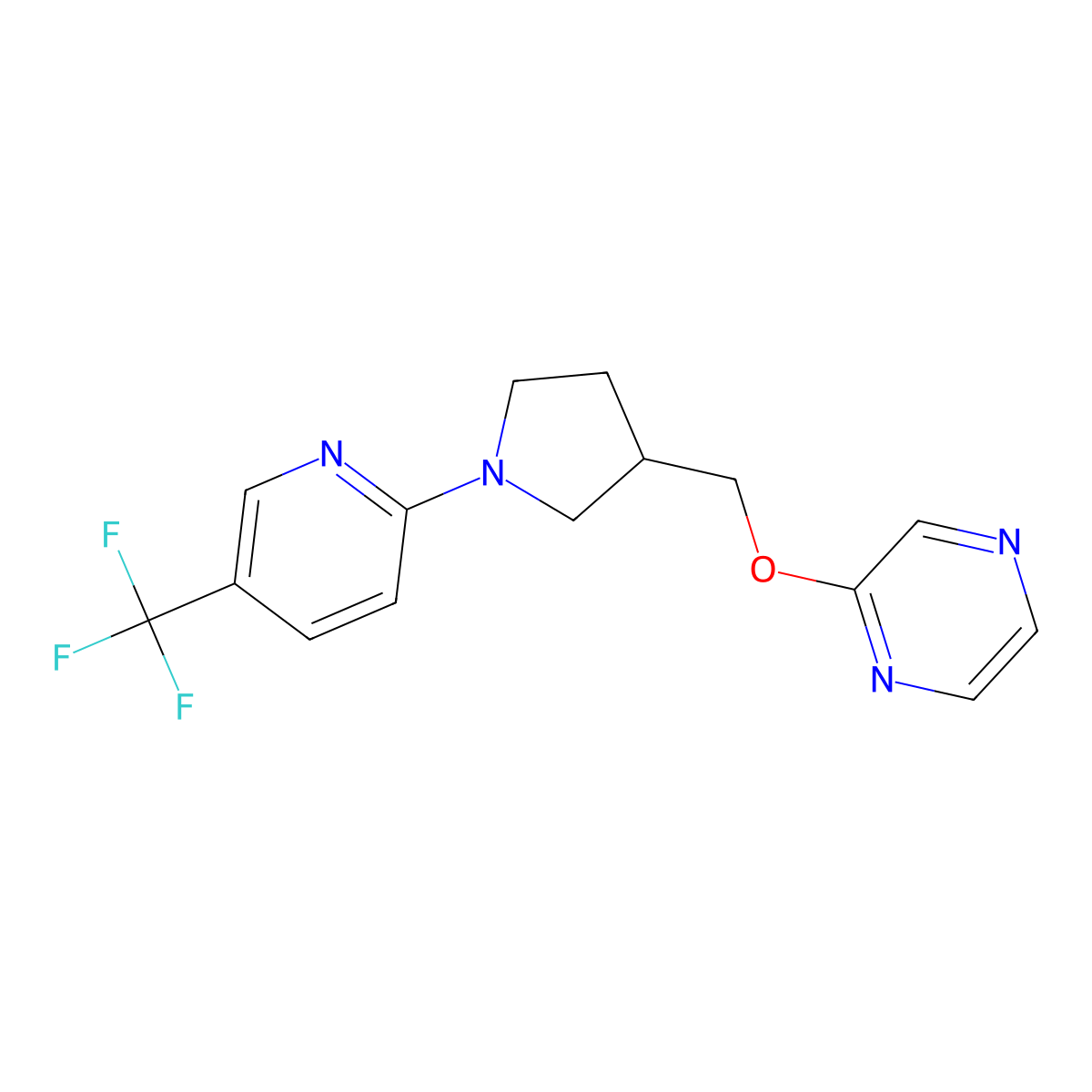 2-({1-[5-(Trifluoromethyl)pyridin-2-yl]pyrrolidin-3-yl}methoxy)pyrazine molecular structure, CAS 2770598-44-0