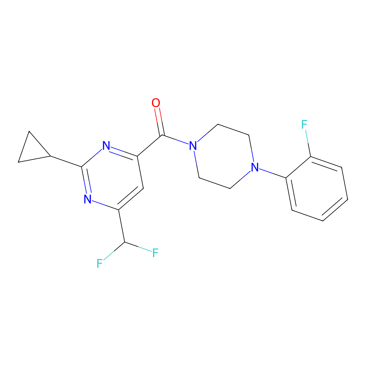 2-Cyclopropyl-4-(difluoromethyl)-6-[4-(2-fluorophenyl)piperazine-1-carbonyl]pyrimidine molecular structure, CAS 2770598-46-2