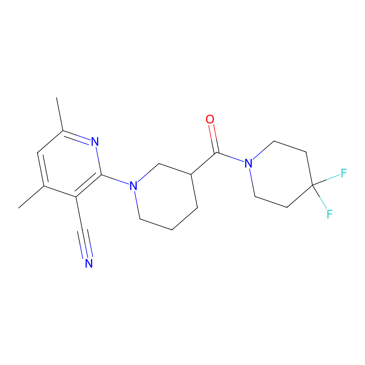 2-[3-(4,4-Difluoropiperidine-1-carbonyl)piperidin-1-yl]-4,6-dimethylpyridine-3-carbonitrile molecular structure, CAS 2770598-50-8