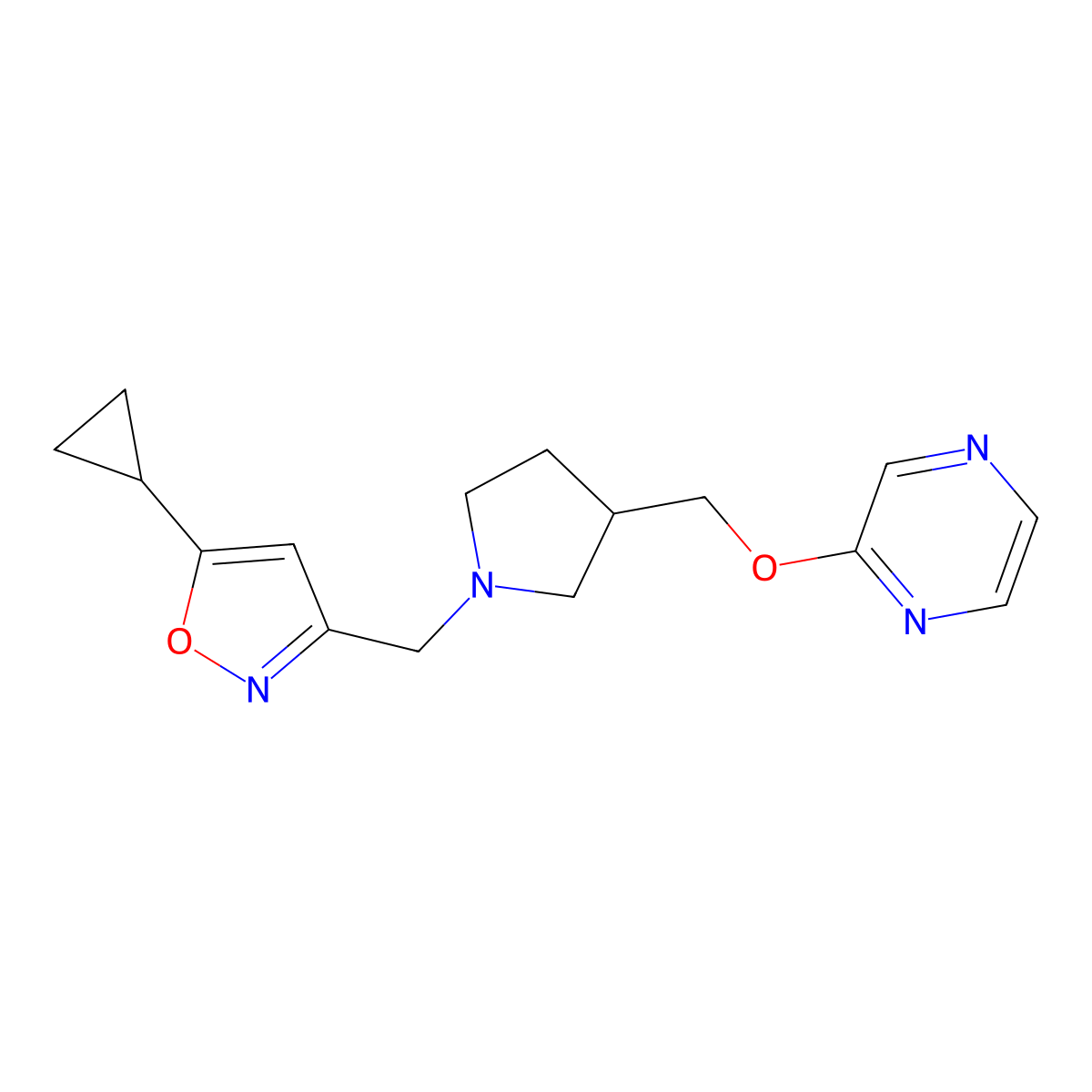 2-({1-[(5-Cyclopropyl-1,2-oxazol-3-yl)methyl]pyrrolidin-3-yl}methoxy)pyrazine molecular structure, CAS 2770598-58-6