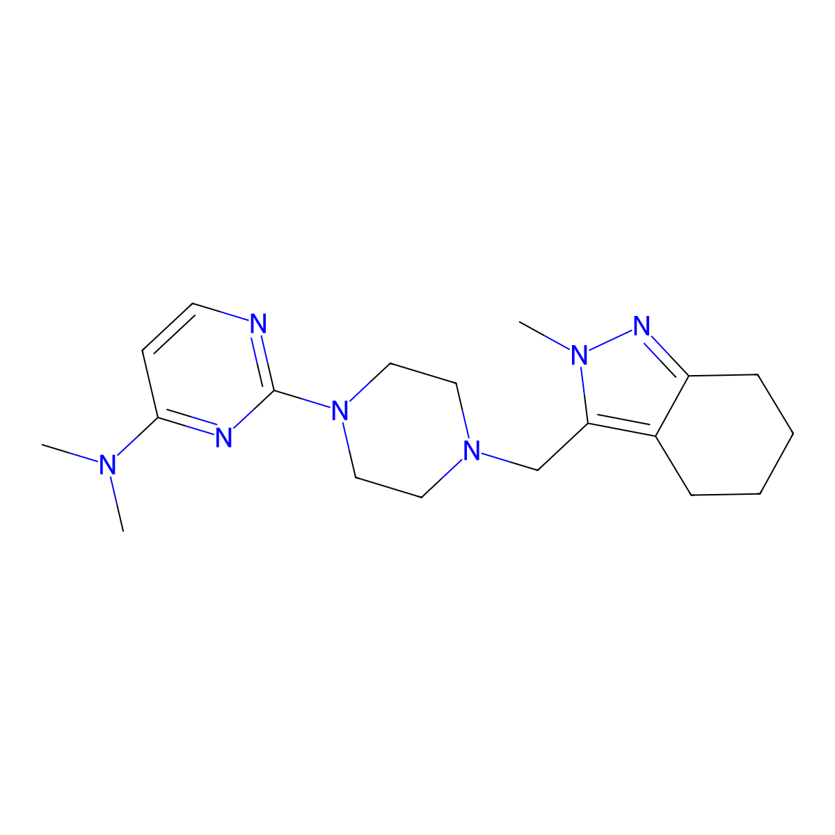 N,N-dimethyl-2-{4-[(2-methyl-4,5,6,7-tetrahydro-2H-indazol-3-yl)methyl]piperazin-1-yl}pyrimidin-4-amine molecular structure, CAS 2770598-66-6