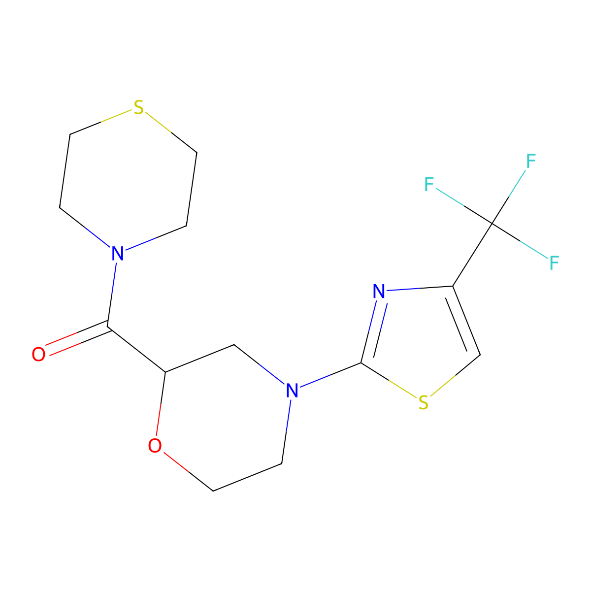 2-(Thiomorpholine-4-carbonyl)-4-[4-(trifluoromethyl)-1,3-thiazol-2-yl]morpholine molecular structure, CAS 2770598-69-9