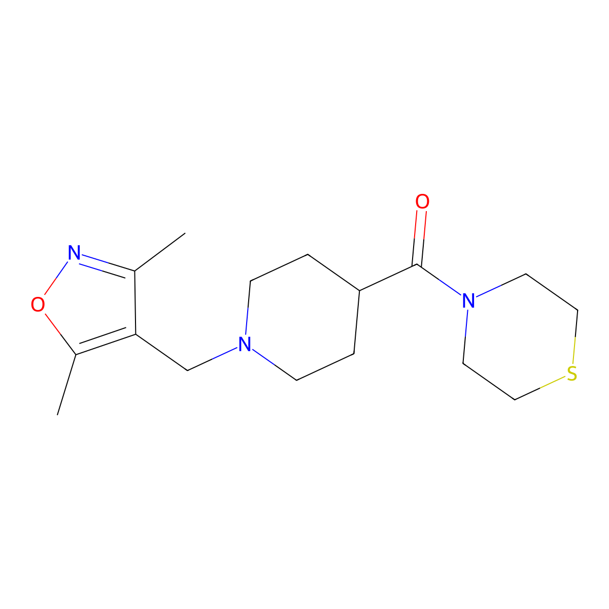 4-{1-[(3,5-Dimethyl-1,2-oxazol-4-yl)methyl]piperidine-4-carbonyl}thiomorpholine molecular structure, CAS 2770598-73-5