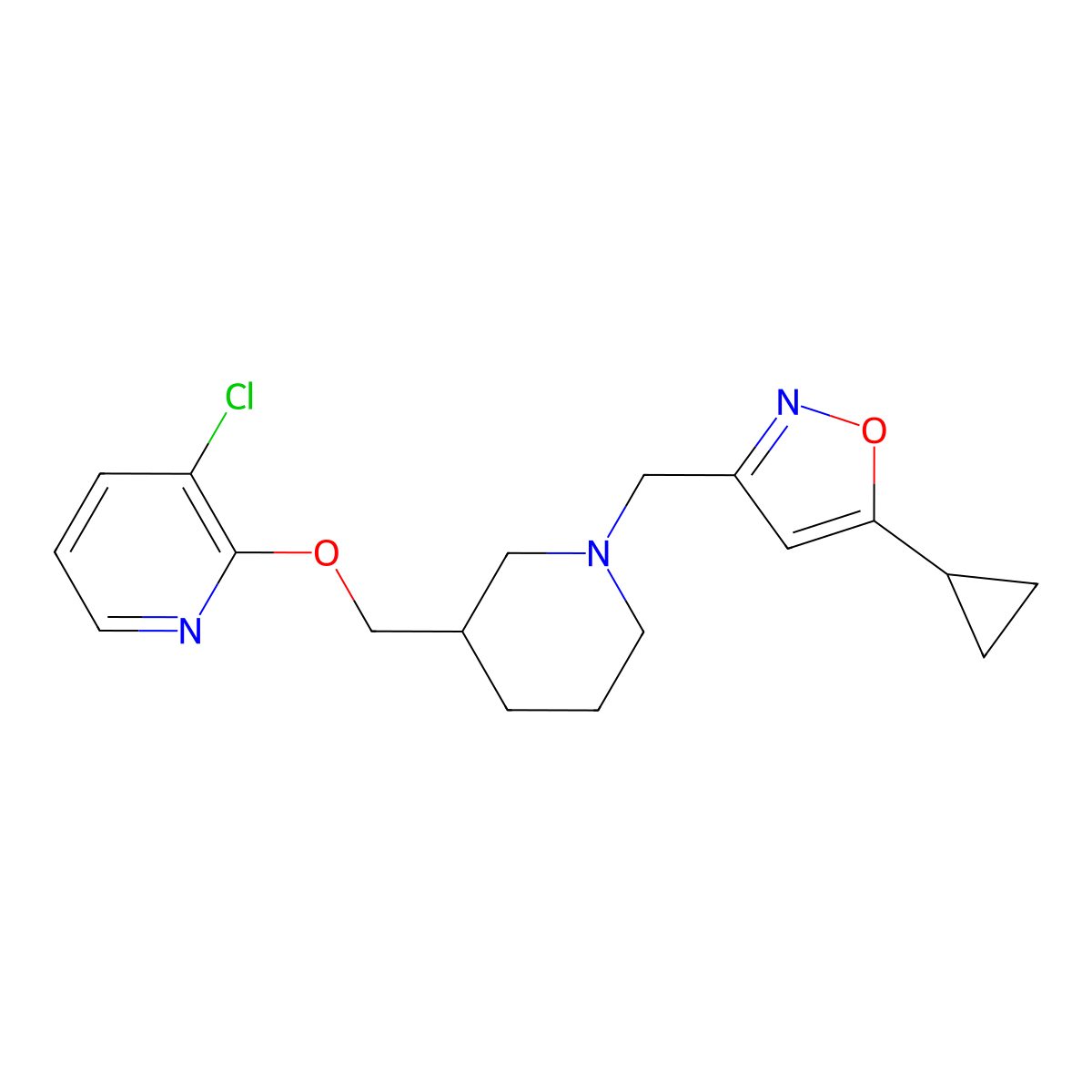 3-Chloro-2-({1-[(5-cyclopropyl-1,2-oxazol-3-yl)methyl]piperidin-3-yl}methoxy)pyridine molecular structure, CAS 2770598-77-9