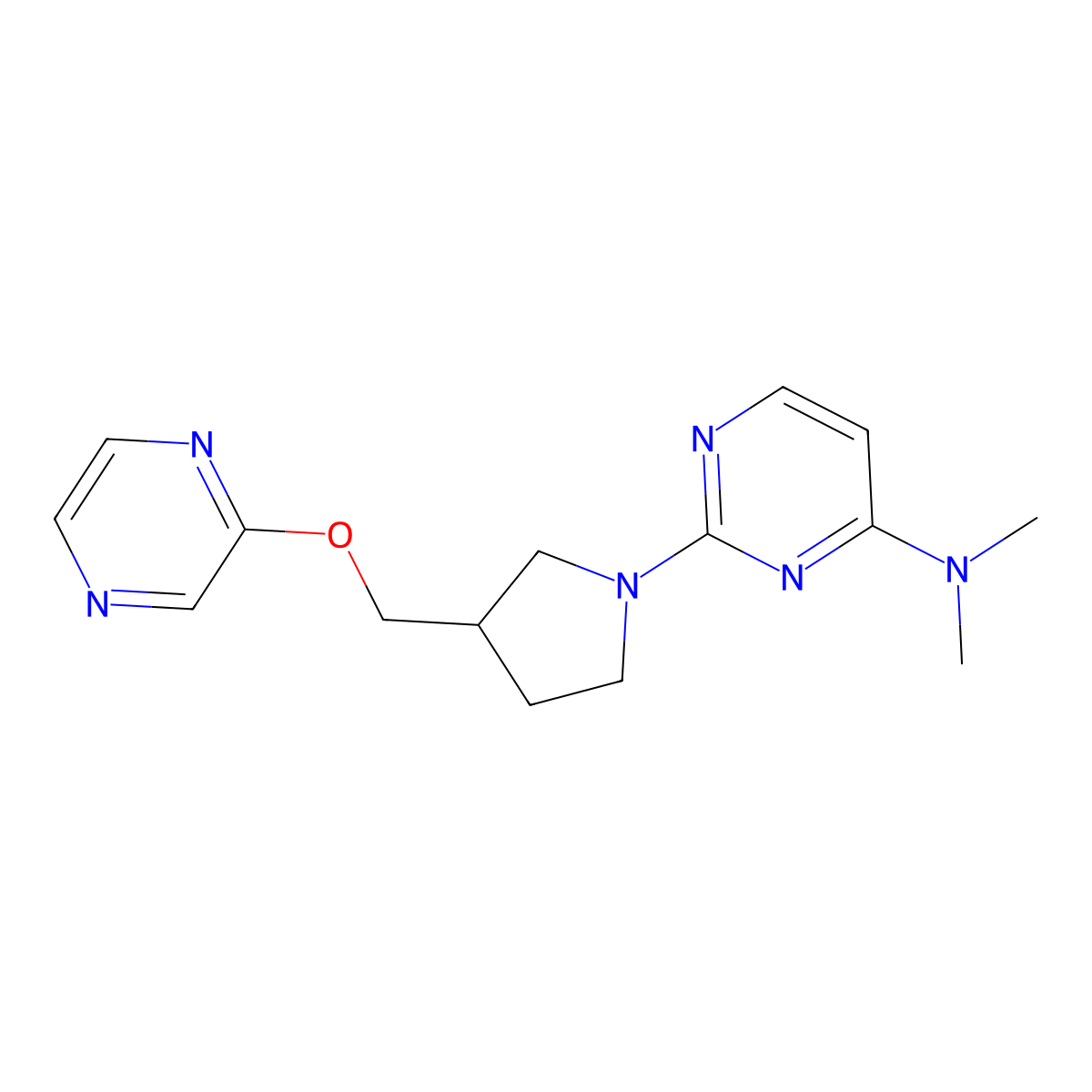 N,N-dimethyl-2-{3-[(pyrazin-2-yloxy)methyl]pyrrolidin-1-yl}pyrimidin-4-amine molecular structure, CAS 2770598-92-8