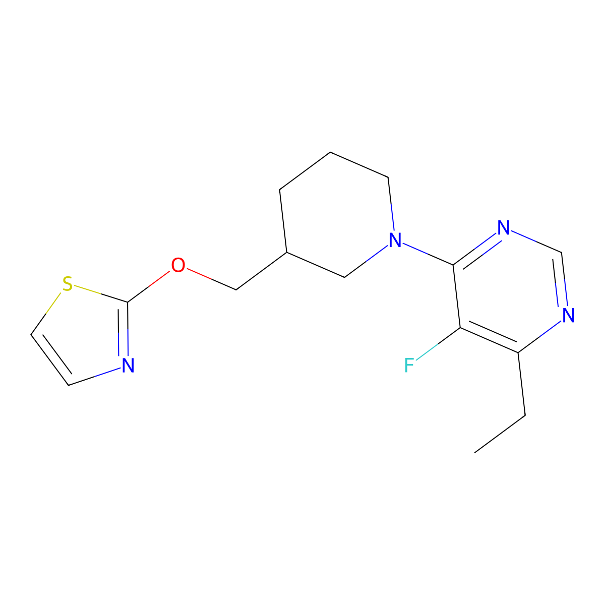4-Ethyl-5-fluoro-6-{3-[(1,3-thiazol-2-yloxy)methyl]piperidin-1-yl}pyrimidine molecular structure, CAS 2770598-94-0