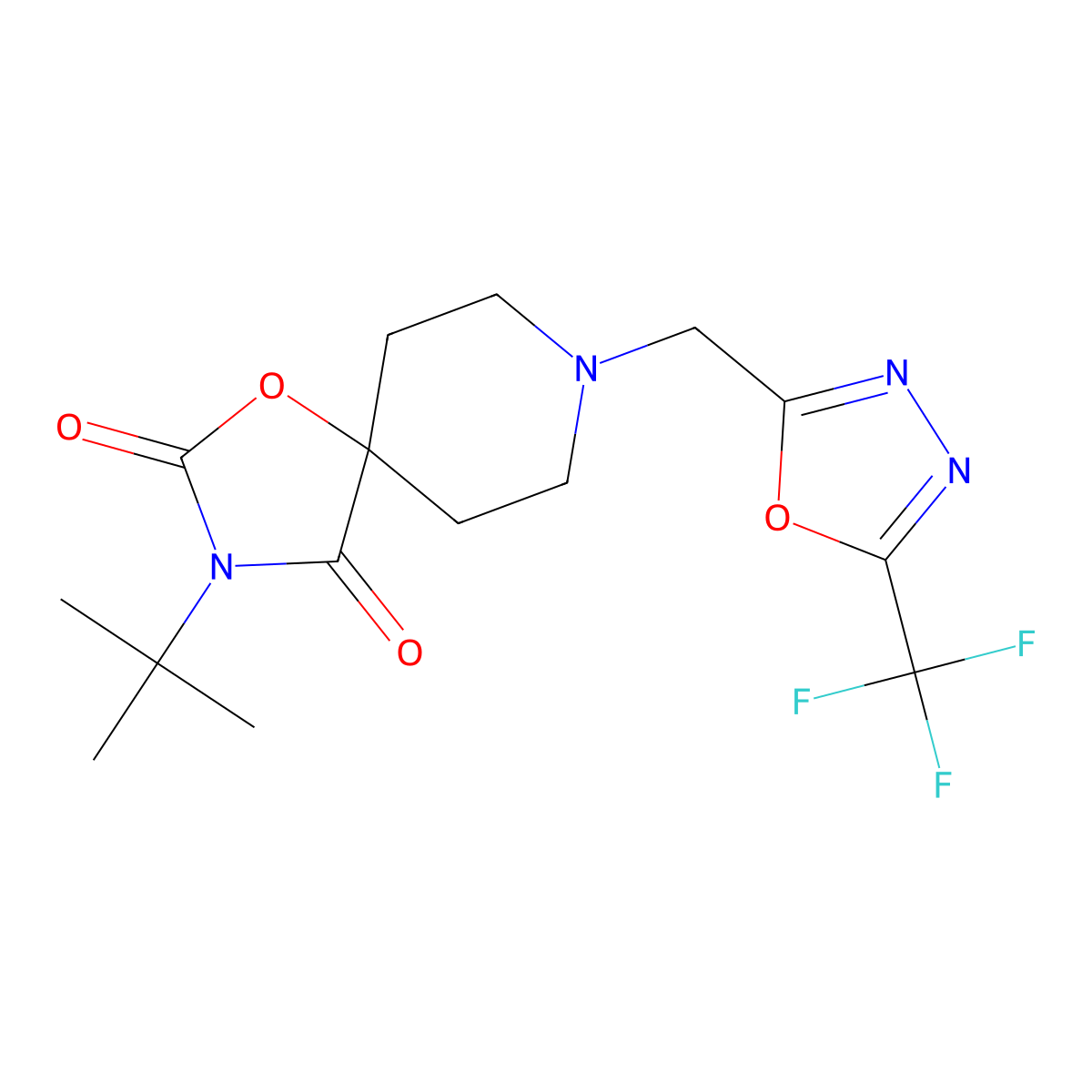 3-Tert-butyl-8-{[5-(trifluoromethyl)-1,3,4-oxadiazol-2-yl]methyl}-1-oxa-3,8-diazaspiro[4.5]decane-2,4-dione molecular structure, CAS 2770598-95-1