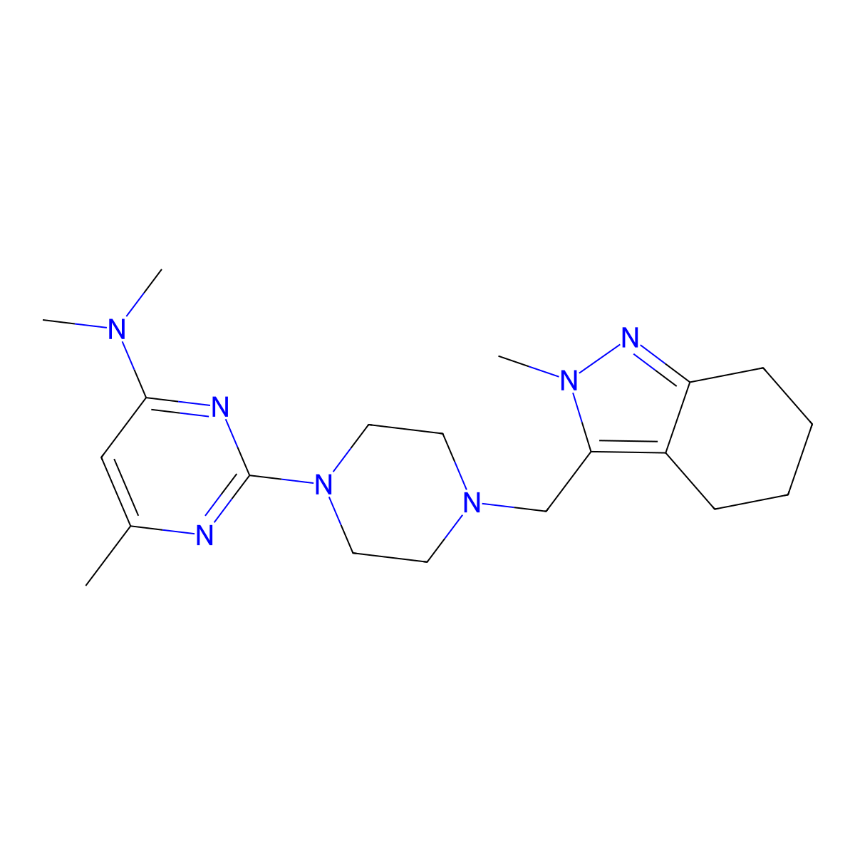 N,N,6-trimethyl-2-{4-[(2-methyl-4,5,6,7-tetrahydro-2H-indazol-3-yl)methyl]piperazin-1-yl}pyrimidin-4-amine molecular structure, CAS 2770598-96-2