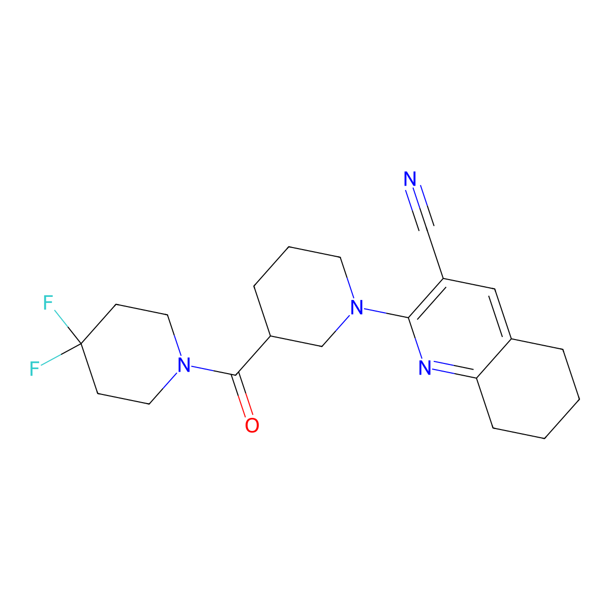 2-[3-(4,4-Difluoropiperidine-1-carbonyl)piperidin-1-yl]-5,6,7,8-tetrahydroquinoline-3-carbonitrile molecular structure, CAS 2770598-97-3