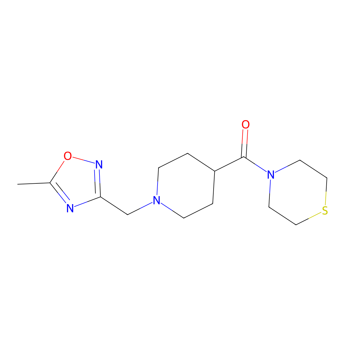 4-{1-[(5-Methyl-1,2,4-oxadiazol-3-yl)methyl]piperidine-4-carbonyl}thiomorpholine molecular structure, CAS 2770599-02-3