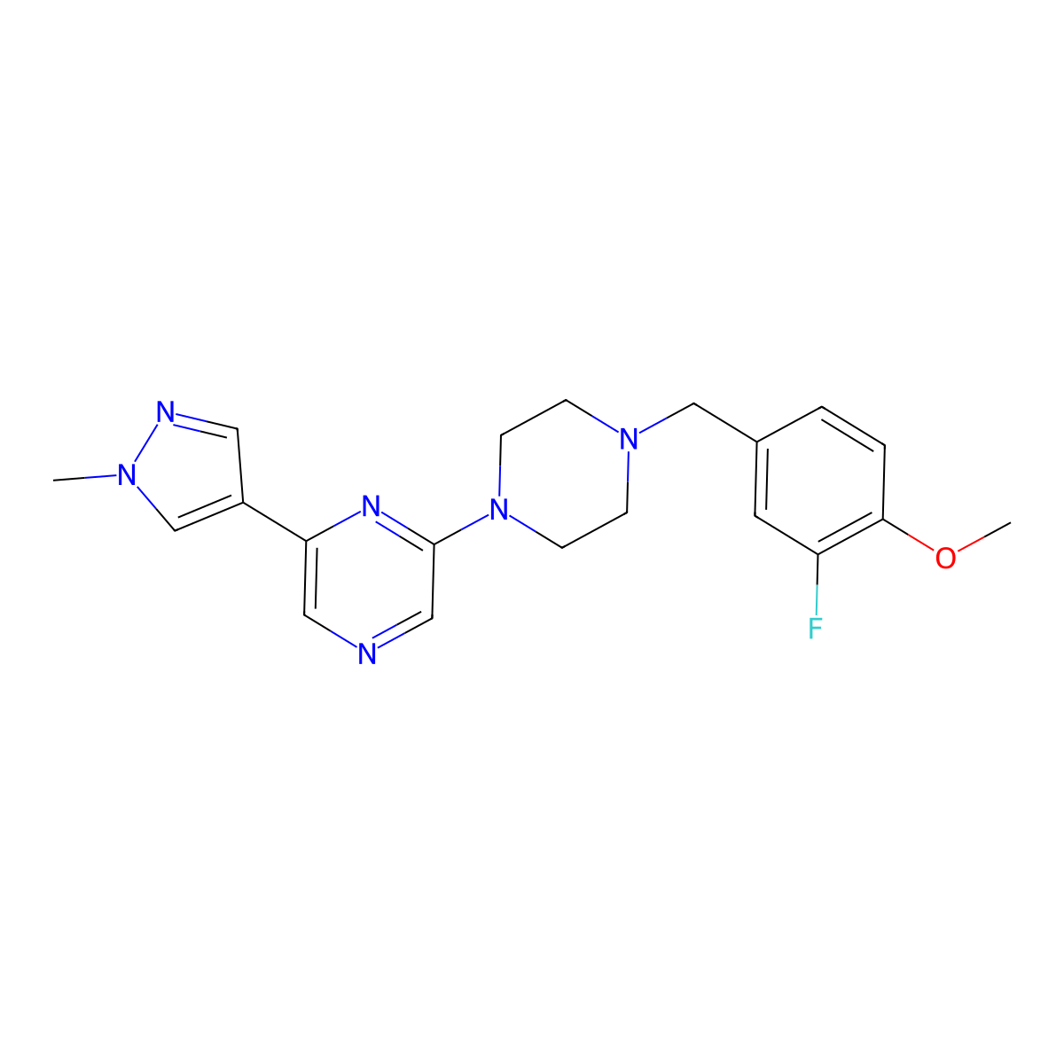 2-{4-[(3-fluoro-4-methoxyphenyl)methyl]piperazin-1-yl}-6-(1-methyl-1H-pyrazol-4-yl)pyrazine molecular structure, CAS 2770599-04-5