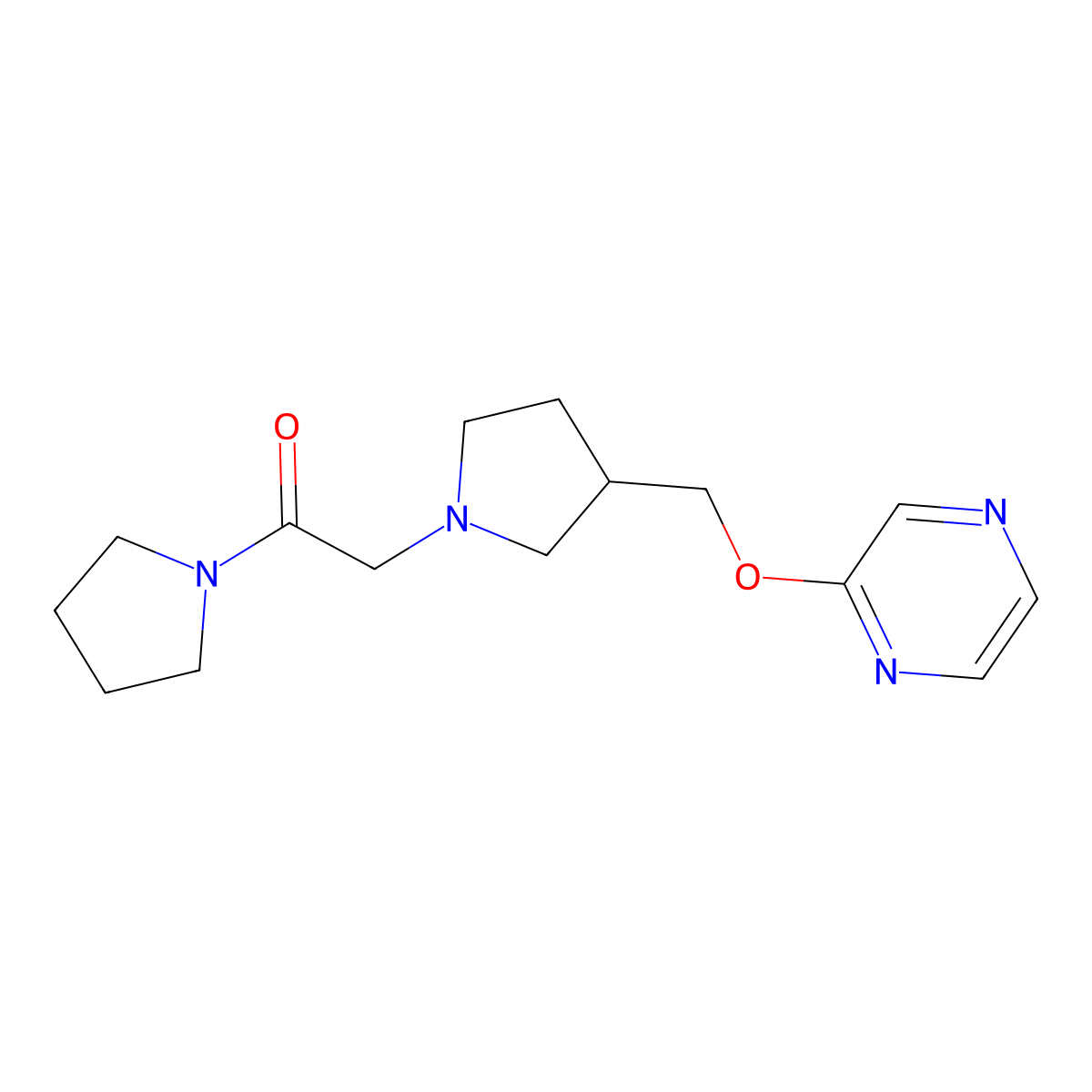2-{3-[(Pyrazin-2-yloxy)methyl]pyrrolidin-1-yl}-1-(pyrrolidin-1-yl)ethan-1-one molecular structure, CAS 2770599-05-6