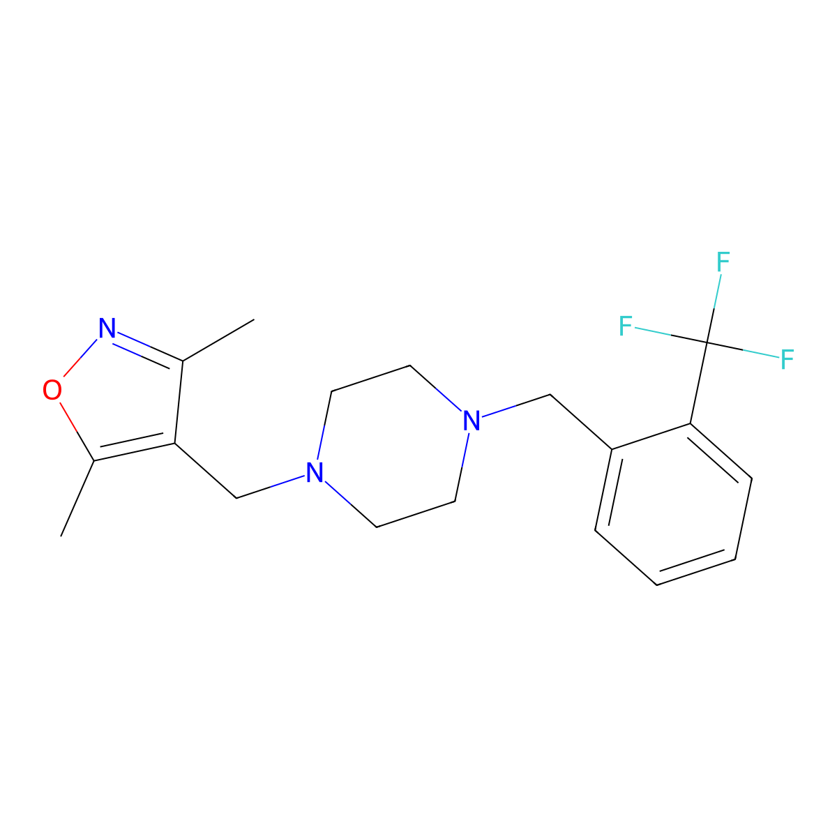 1-[(3,5-Dimethyl-1,2-oxazol-4-yl)methyl]-4-{[2-(trifluoromethyl)phenyl]methyl}piperazine molecular structure, CAS 2770599-06-7
