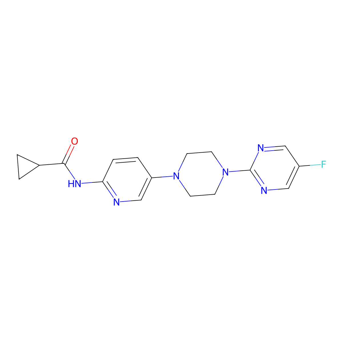 N-{5-[4-(5-fluoropyrimidin-2-yl)piperazin-1-yl]pyridin-2-yl}cyclopropanecarboxamide molecular structure, CAS 2770599-07-8