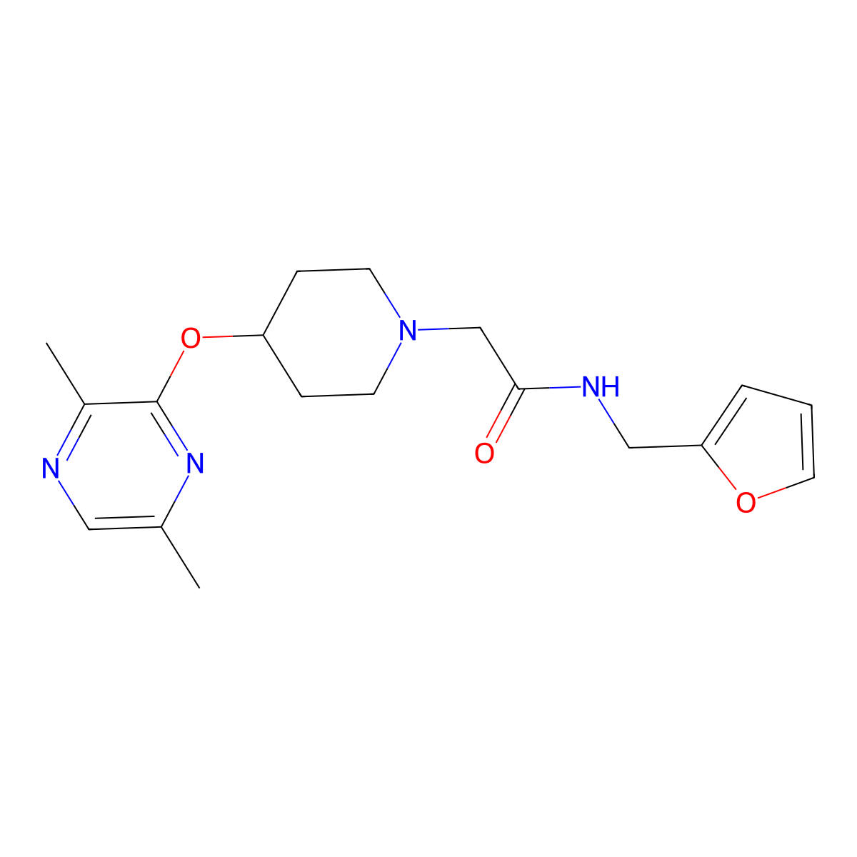 2-{4-[(3,6-dimethylpyrazin-2-yl)oxy]piperidin-1-yl}-N-[(furan-2-yl)methyl]acetamide molecular structure, CAS 2770599-13-6