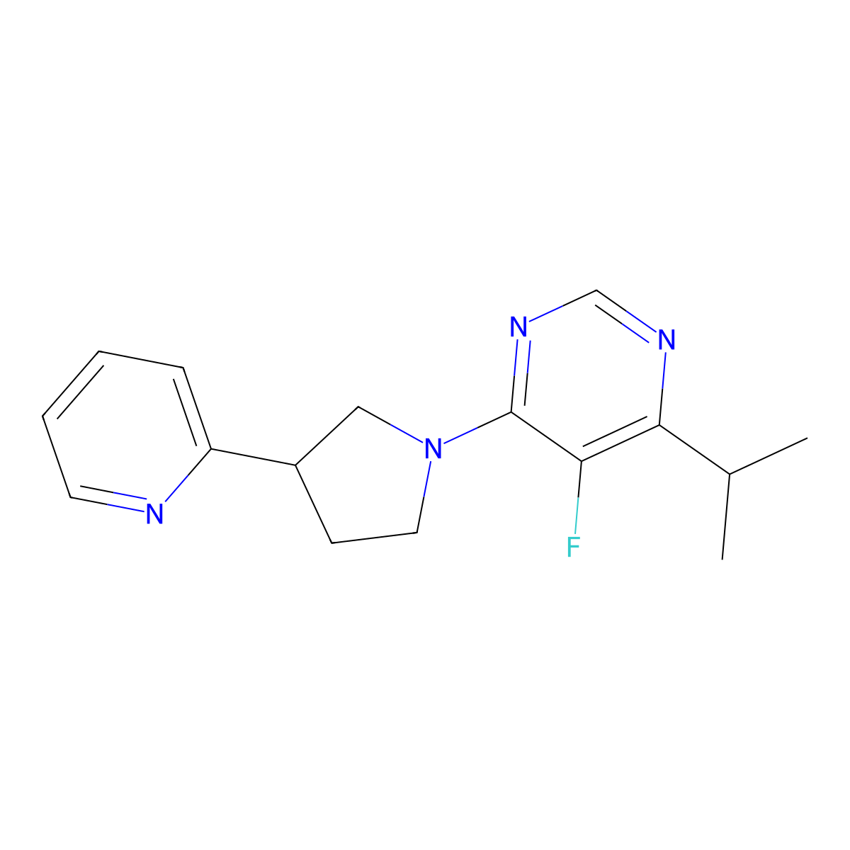 5-Fluoro-4-(propan-2-yl)-6-[3-(pyridin-2-yl)pyrrolidin-1-yl]pyrimidine molecular structure, CAS 2770599-14-7