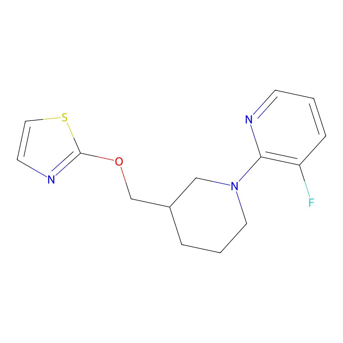 3-Fluoro-2-{3-[(1,3-thiazol-2-yloxy)methyl]piperidin-1-yl}pyridine molecular structure, CAS 2770599-15-8