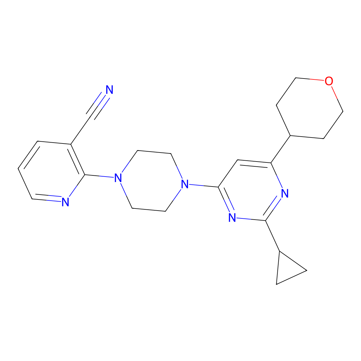2-{4-[2-Cyclopropyl-6-(oxan-4-yl)pyrimidin-4-yl]piperazin-1-yl}pyridine-3-carbonitrile molecular structure, CAS 2770599-16-9