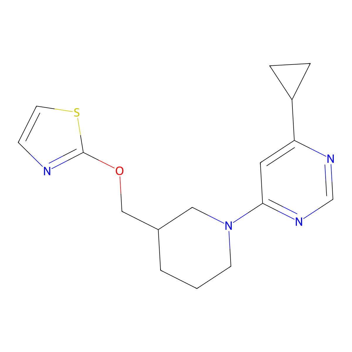 4-Cyclopropyl-6-{3-[(1,3-thiazol-2-yloxy)methyl]piperidin-1-yl}pyrimidine molecular structure, CAS 2770599-19-2