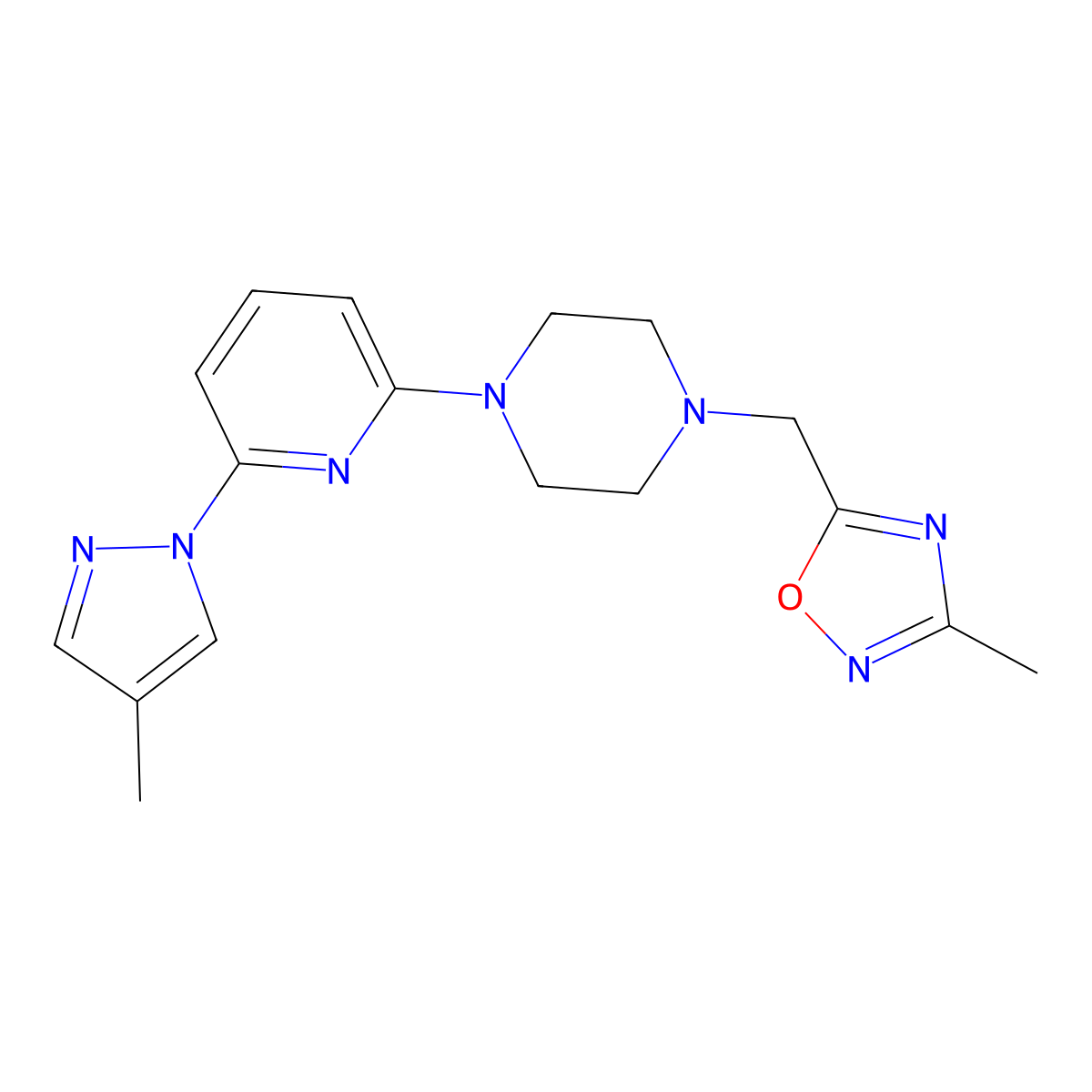 1-[(3-methyl-1,2,4-oxadiazol-5-yl)methyl]-4-[6-(4-methyl-1H-pyrazol-1-yl)pyridin-2-yl]piperazine molecular structure, CAS 2770599-20-5