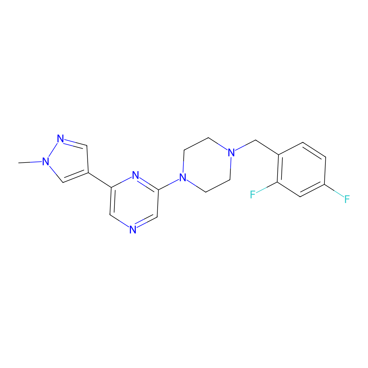2-{4-[(2,4-difluorophenyl)methyl]piperazin-1-yl}-6-(1-methyl-1H-pyrazol-4-yl)pyrazine molecular structure, CAS 2770599-36-3