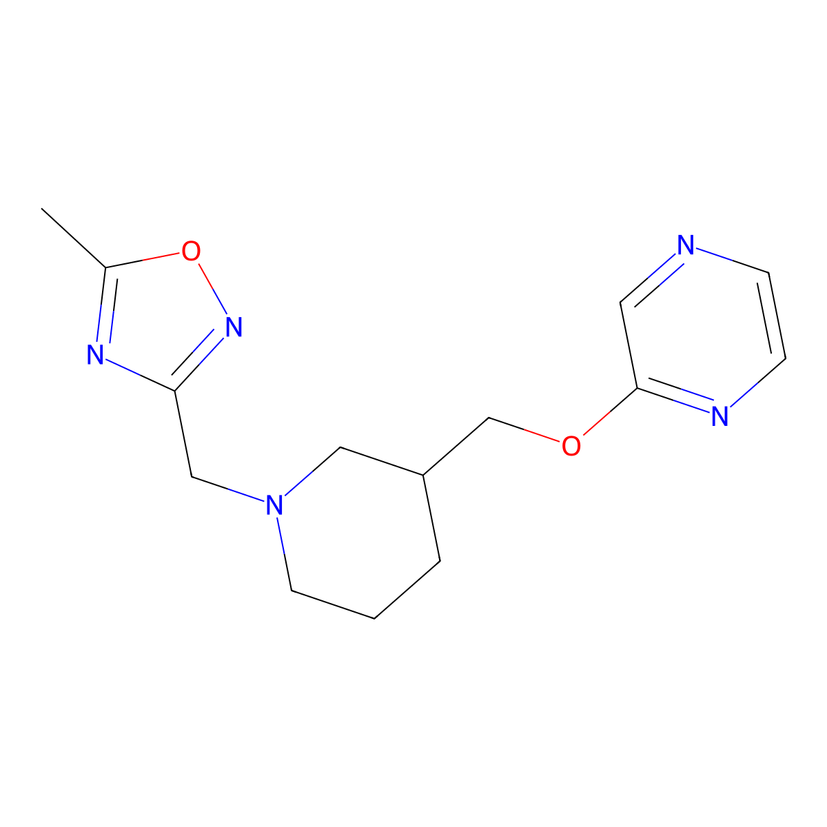 2-({1-[(5-Methyl-1,2,4-oxadiazol-3-yl)methyl]piperidin-3-yl}methoxy)pyrazine molecular structure, CAS 2770599-39-6