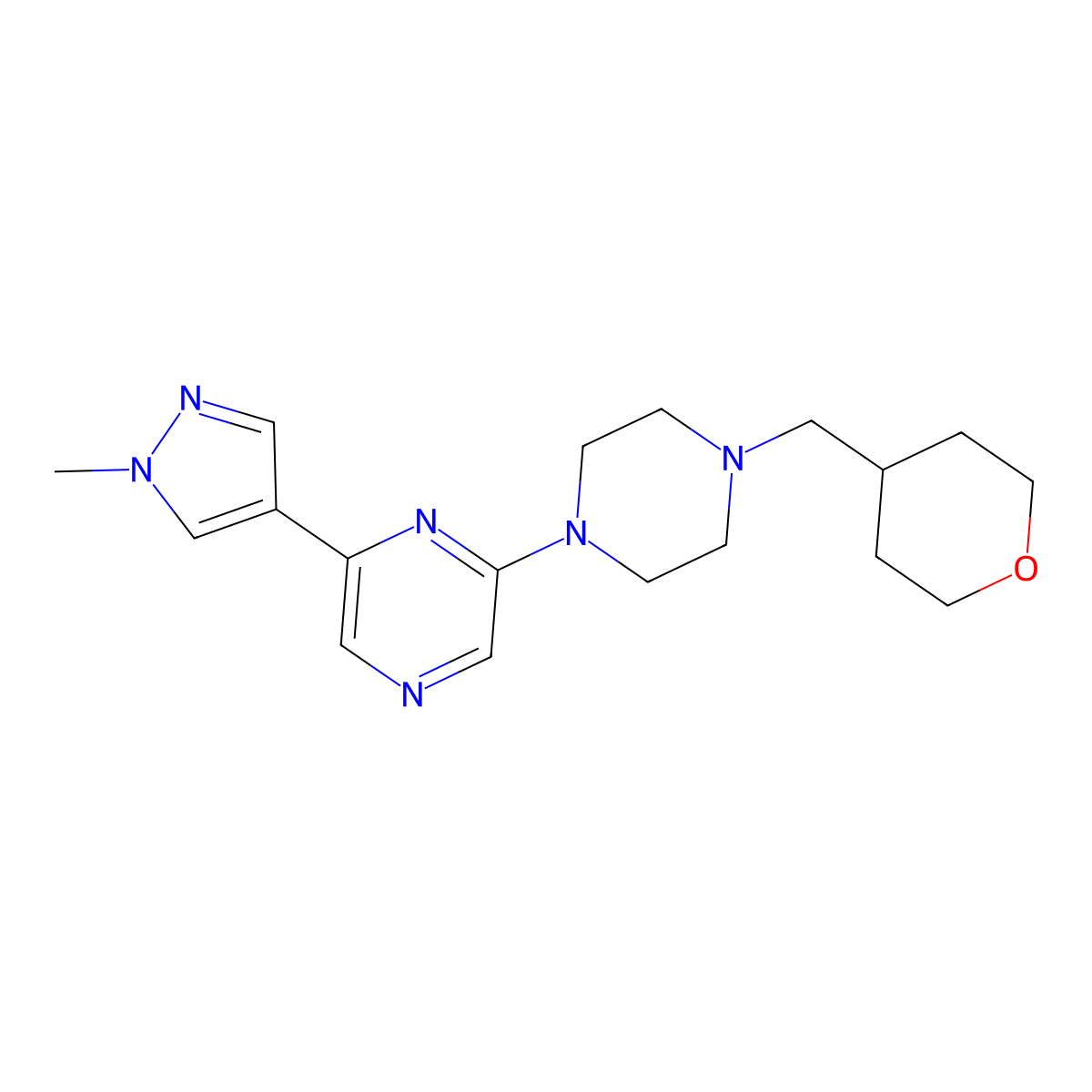2-(1-methyl-1H-pyrazol-4-yl)-6-{4-[(oxan-4-yl)methyl]piperazin-1-yl}pyrazine molecular structure, CAS 2770599-43-2