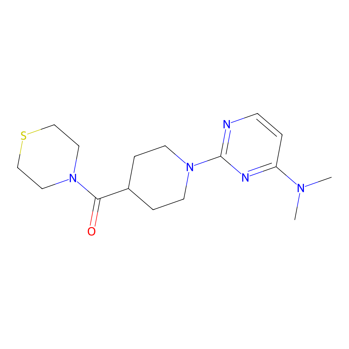 N,N-dimethyl-2-[4-(thiomorpholine-4-carbonyl)piperidin-1-yl]pyrimidin-4-amine molecular structure, CAS 2770599-48-7
