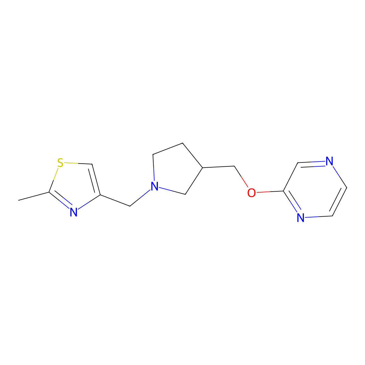 2-({1-[(2-Methyl-1,3-thiazol-4-yl)methyl]pyrrolidin-3-yl}methoxy)pyrazine molecular structure, CAS 2770599-50-1
