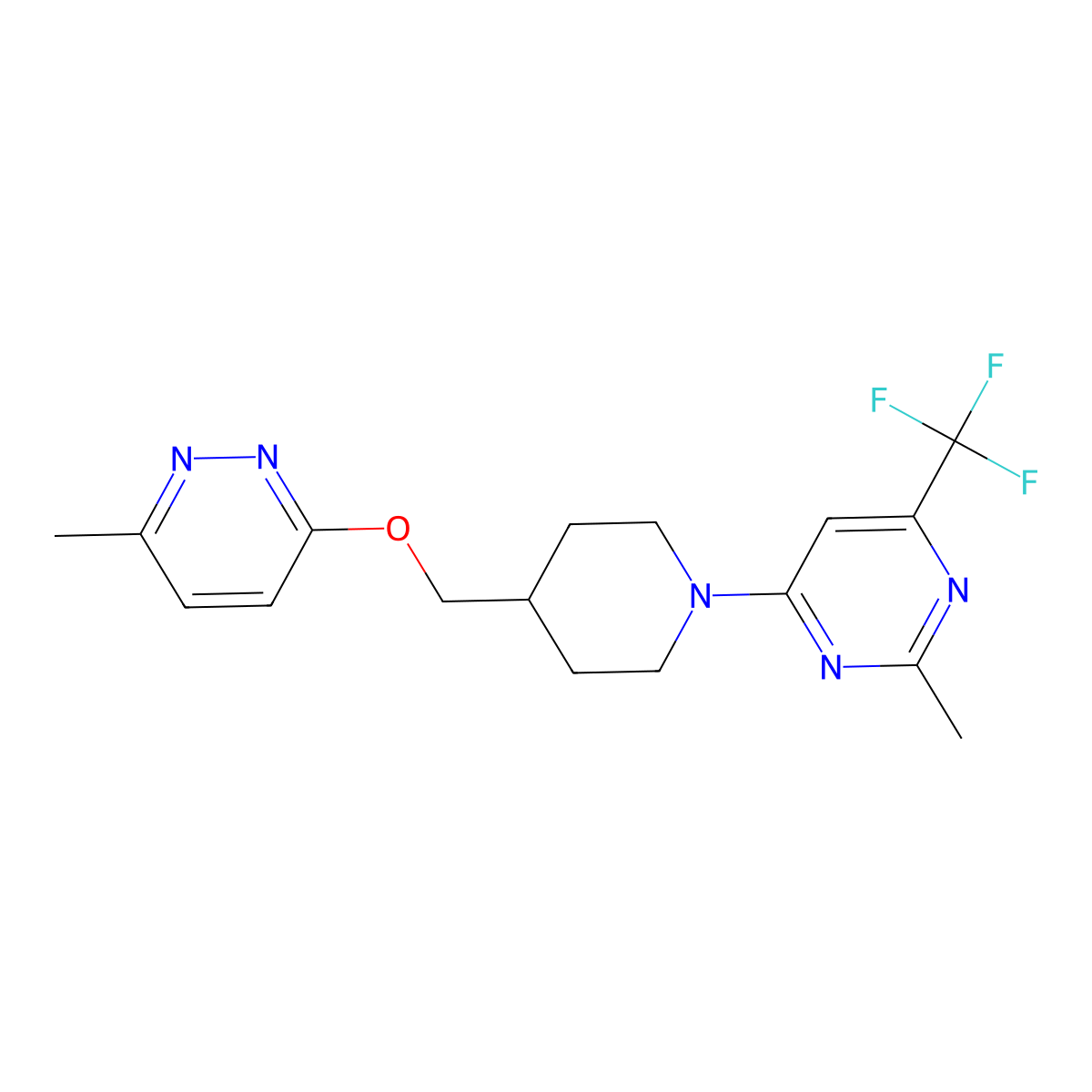 2-Methyl-4-[4-[(6-methylpyridazin-3-yl)oxymethyl]piperidin-1-yl]-6-(trifluoromethyl)pyrimidine molecular structure, CAS 2770599-57-8