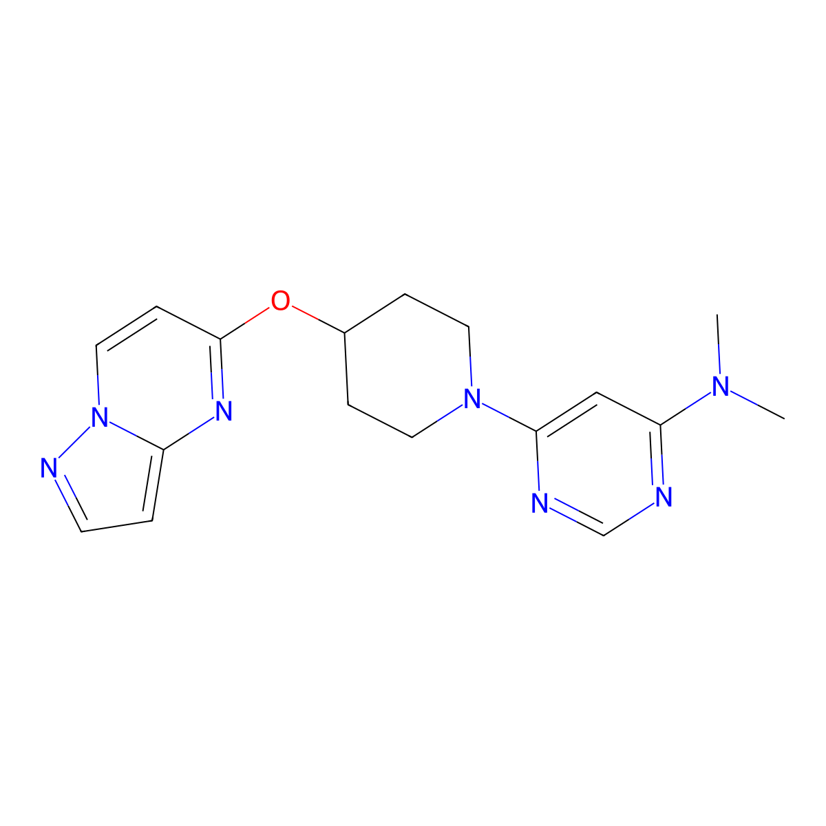 N,N-dimethyl-6-(4-{pyrazolo[1,5-a]pyrimidin-5-yloxy}piperidin-1-yl)pyrimidin-4-amine molecular structure, CAS 2770599-59-0