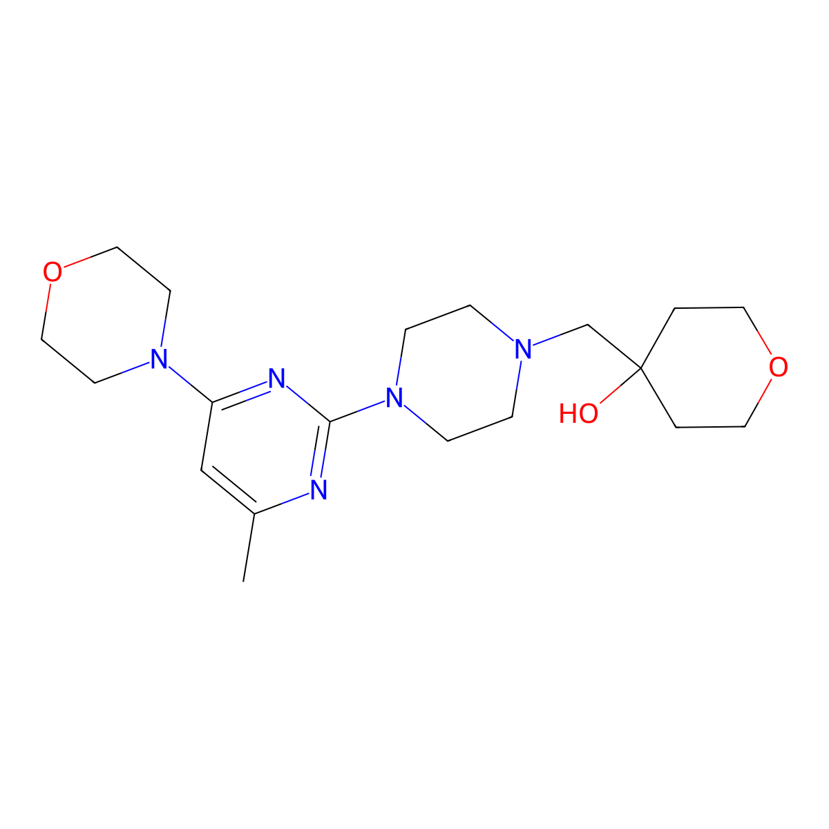 4-({4-[4-Methyl-6-(morpholin-4-yl)pyrimidin-2-yl]piperazin-1-yl}methyl)oxan-4-ol molecular structure, CAS 2770599-66-9