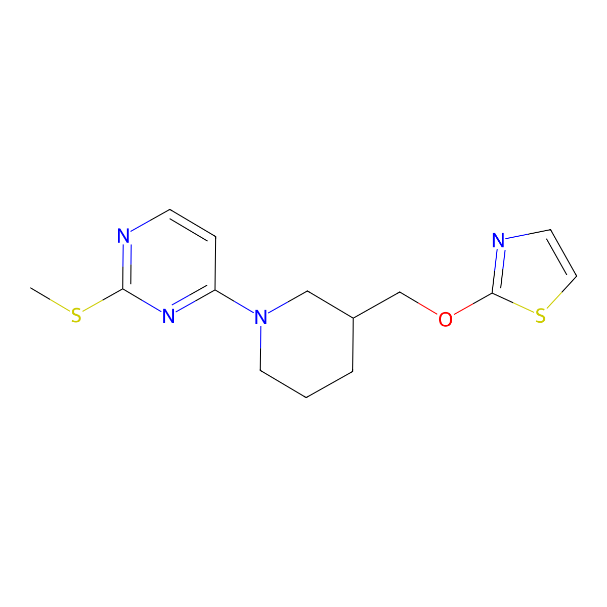2-(Methylsulfanyl)-4-{3-[(1,3-thiazol-2-yloxy)methyl]piperidin-1-yl}pyrimidine molecular structure, CAS 2770599-73-8