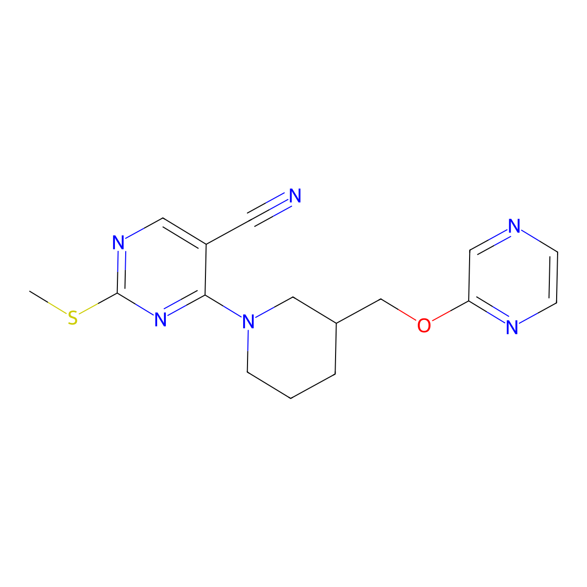 2-(Methylsulfanyl)-4-{3-[(pyrazin-2-yloxy)methyl]piperidin-1-yl}pyrimidine-5-carbonitrile molecular structure, CAS 2770599-74-9