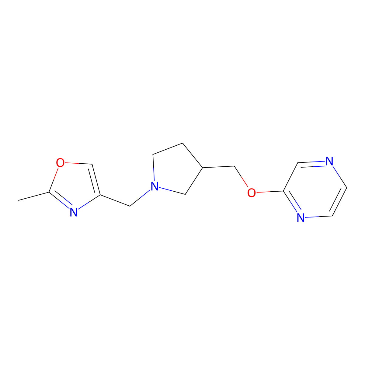2-({1-[(2-Methyl-1,3-oxazol-4-yl)methyl]pyrrolidin-3-yl}methoxy)pyrazine molecular structure, CAS 2770599-76-1