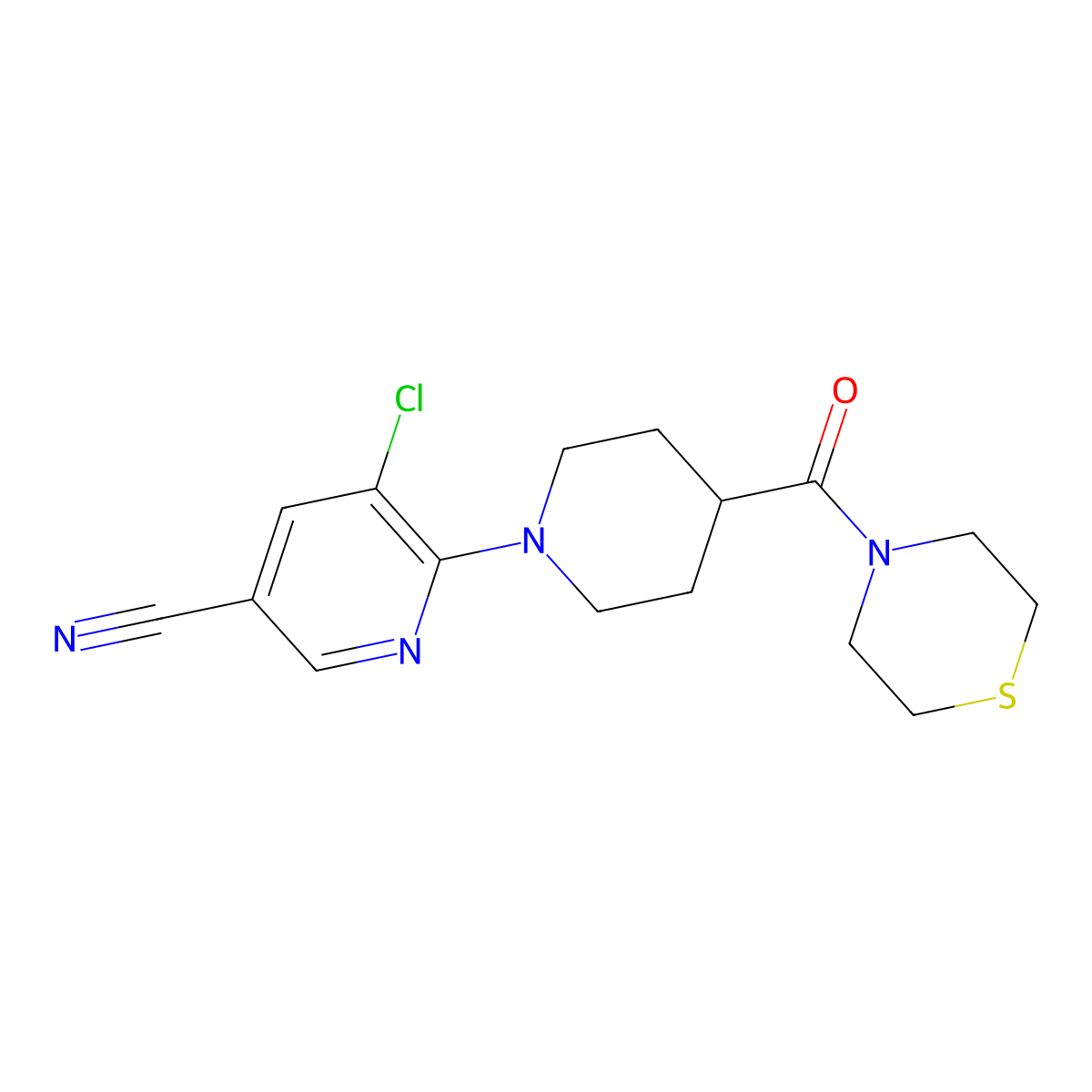 5-Chloro-6-[4-(thiomorpholine-4-carbonyl)piperidin-1-yl]pyridine-3-carbonitrile molecular structure, CAS 2770599-80-7