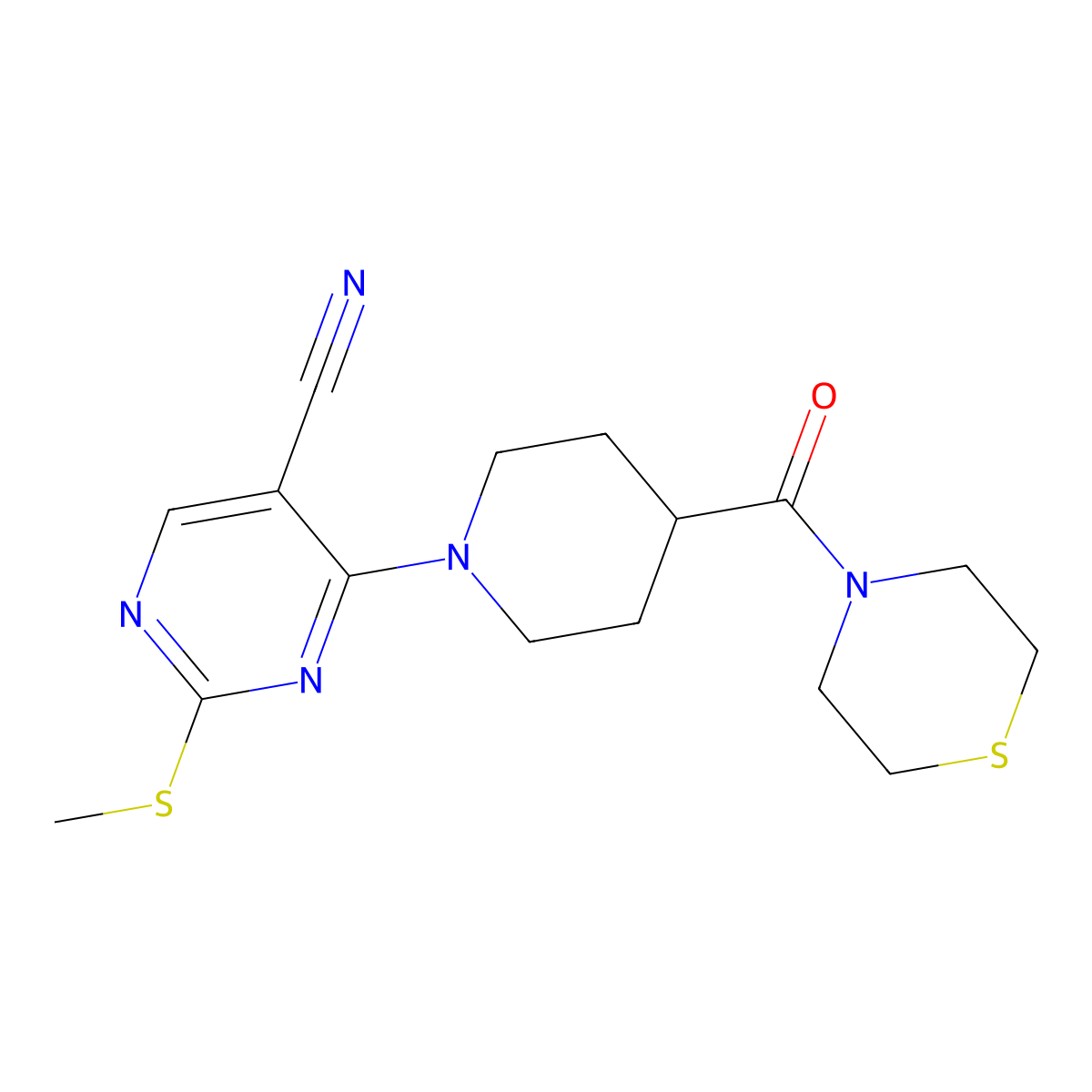 2-(Methylsulfanyl)-4-[4-(thiomorpholine-4-carbonyl)piperidin-1-yl]pyrimidine-5-carbonitrile molecular structure, CAS 2770599-82-9