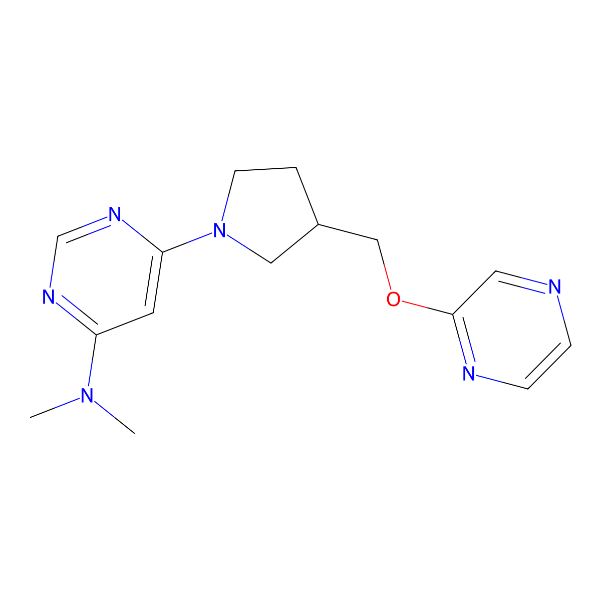 N,N-dimethyl-6-{3-[(pyrazin-2-yloxy)methyl]pyrrolidin-1-yl}pyrimidin-4-amine molecular structure, CAS 2770599-85-2